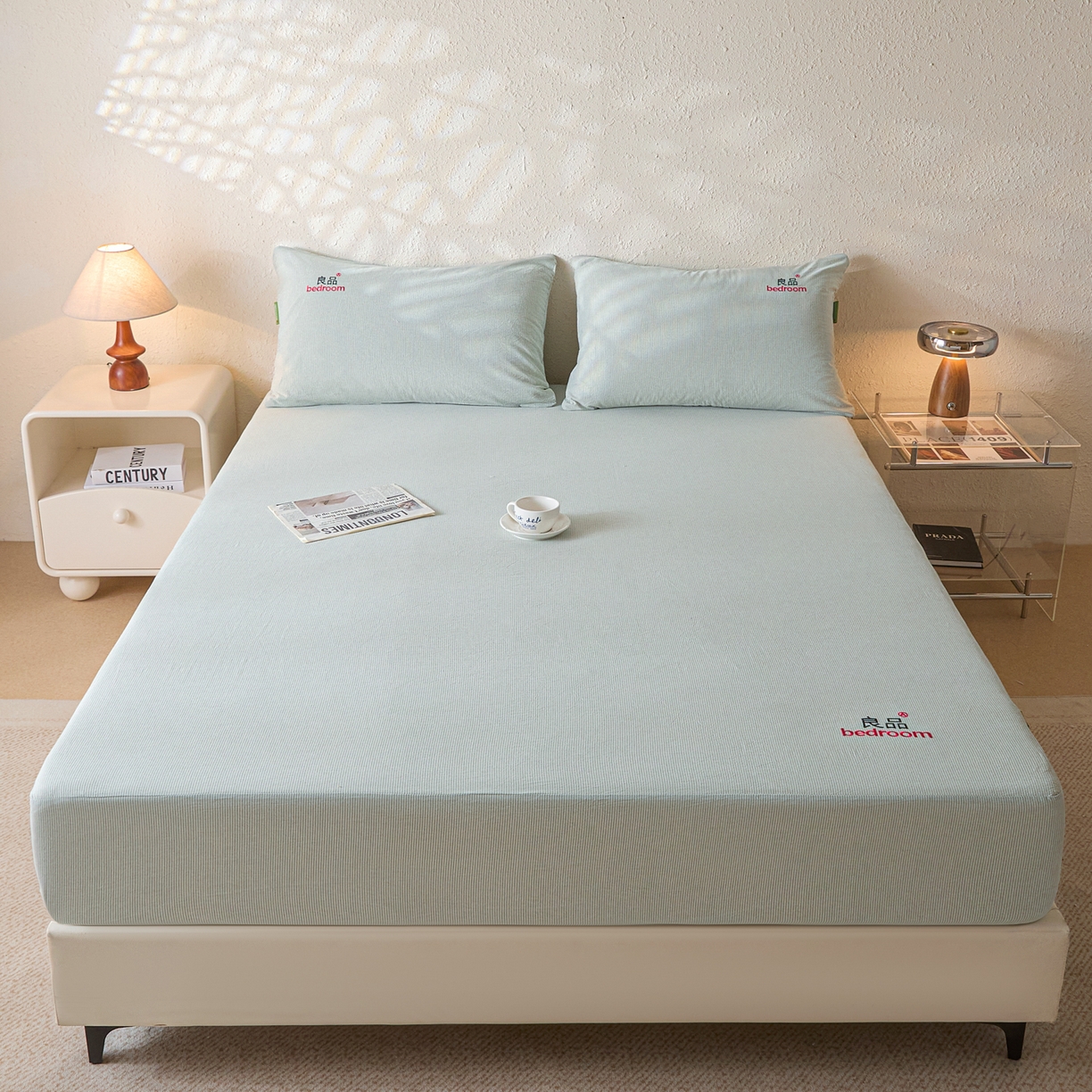 91家纺网 家纺一手货源 找家纺 芬晴家纺 2026新款纯棉密条+纯色单层床笠 条纹-果绿