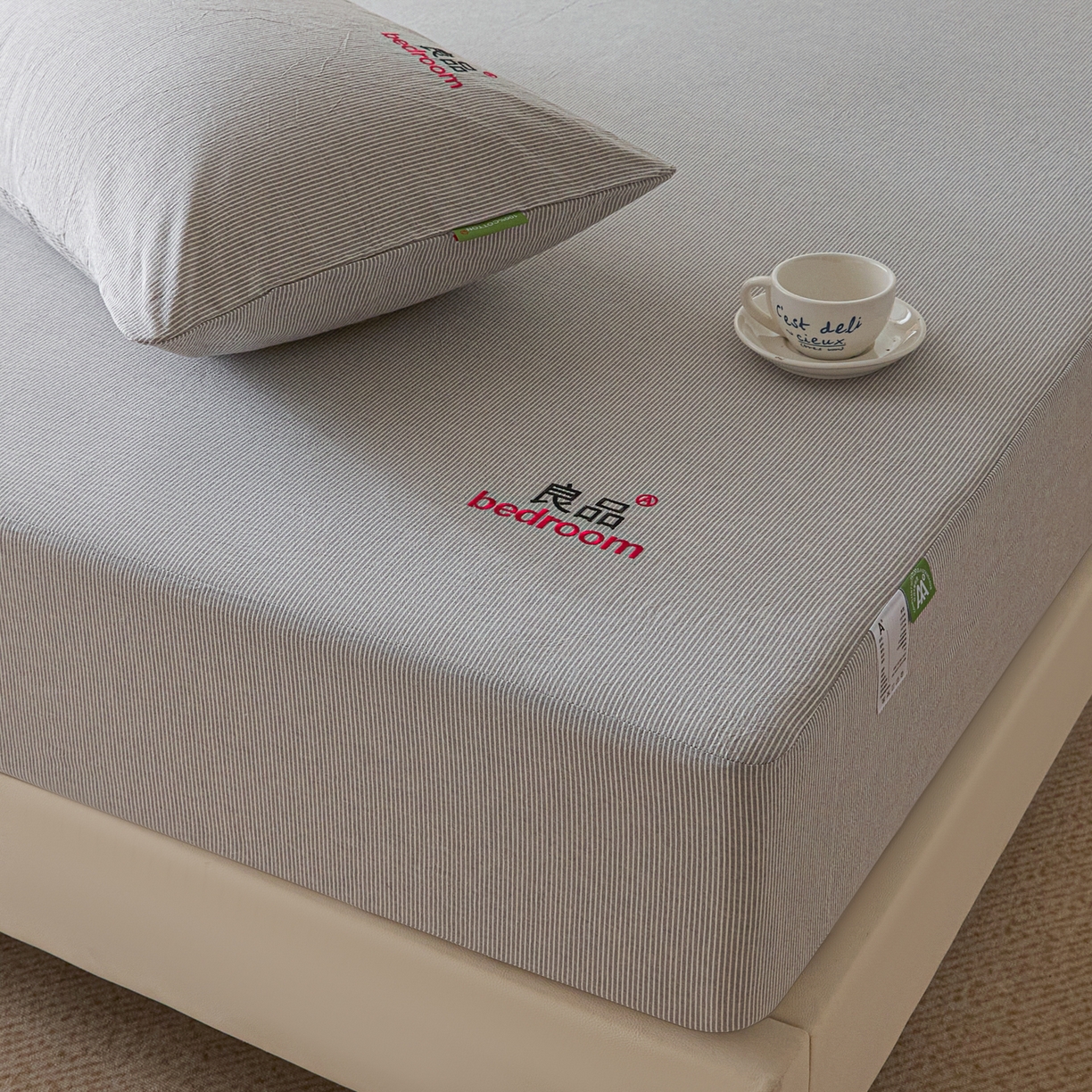 芬晴家纺 2026新款纯棉密条+纯色单层床笠 条纹-灰