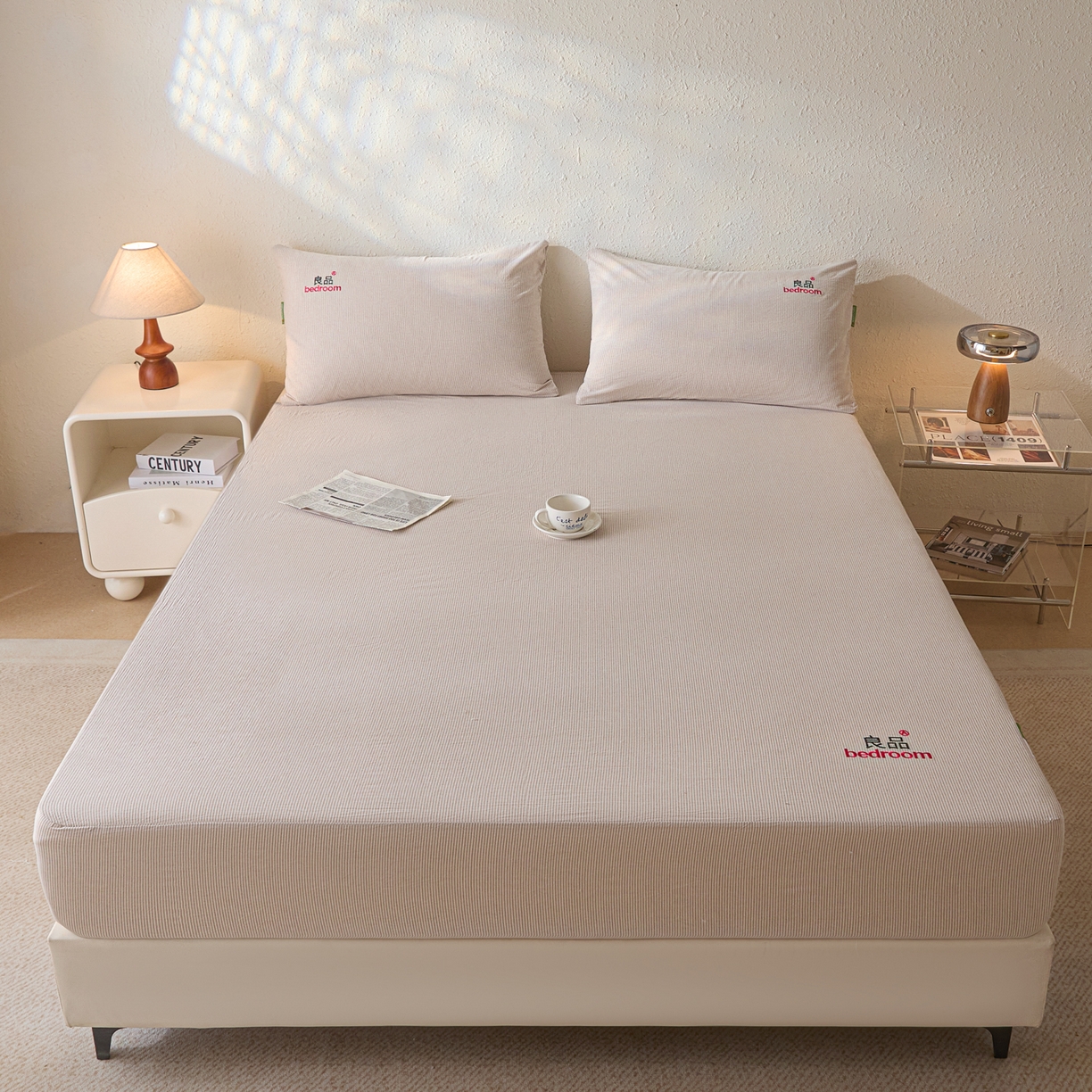 91家纺网 家纺一手货源 找家纺 芬晴家纺 2026新款纯棉密条+纯色单层床笠 条纹-咖