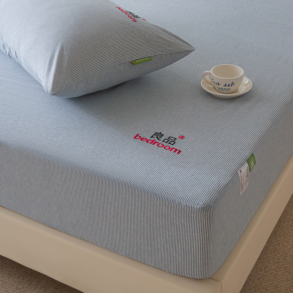 芬晴家纺 2026新款纯棉密条+纯色单层床笠 条纹-牛仔蓝