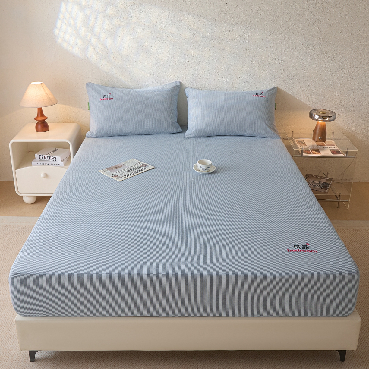 91家纺网 家纺一手货源 找家纺 芬晴家纺 2026新款纯棉密条+纯色单层床笠 条纹-牛仔蓝