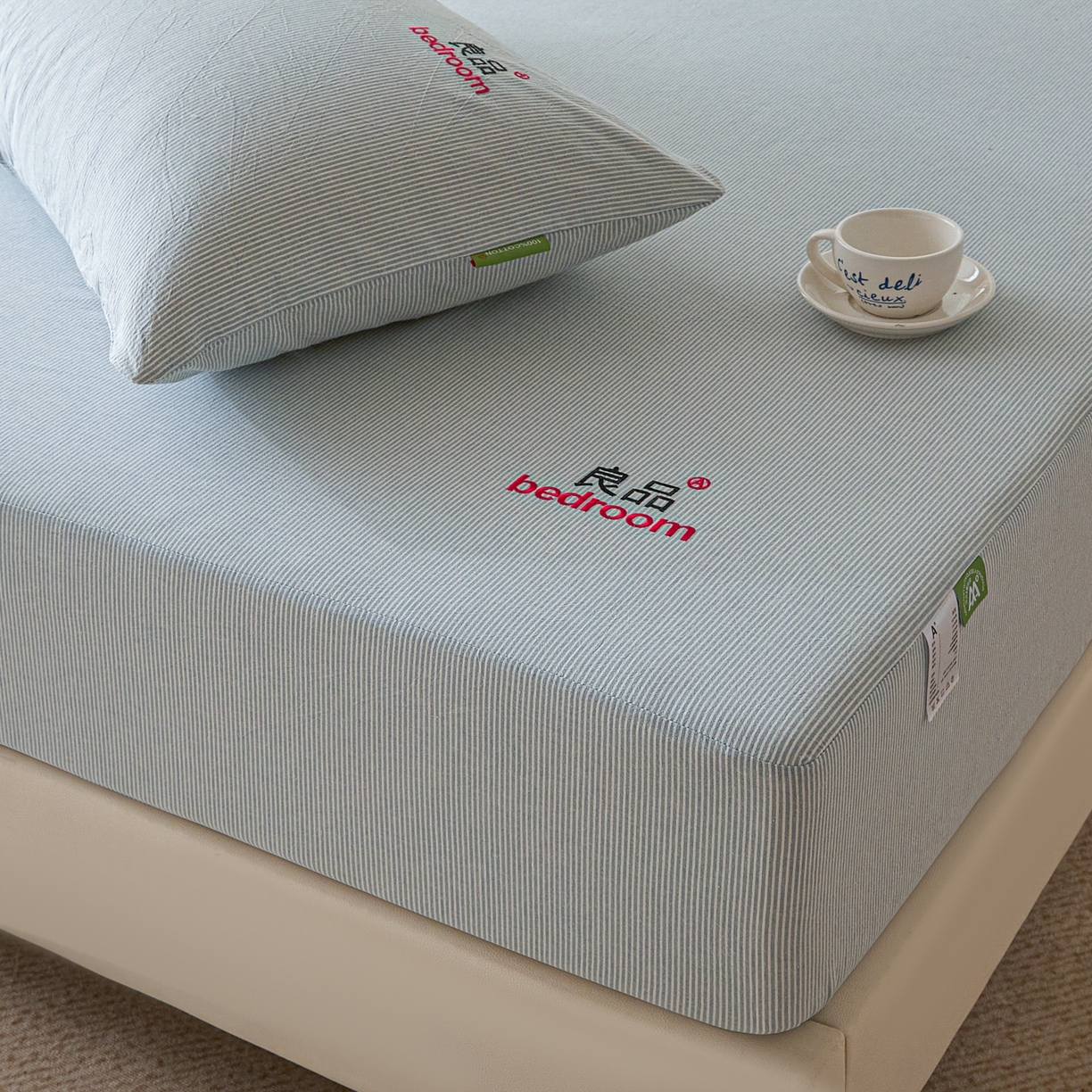 芬晴家纺 2026新款纯棉密条+纯色单层床笠 条纹-雾霾蓝