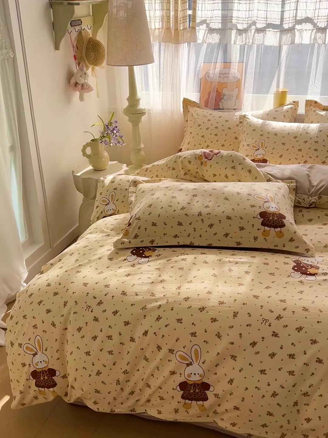 91家纺网 家纺一手货源 找家纺 梦纤绒 2026新款亲肤舒适仿棉印花床盖四件套 萌萌兔