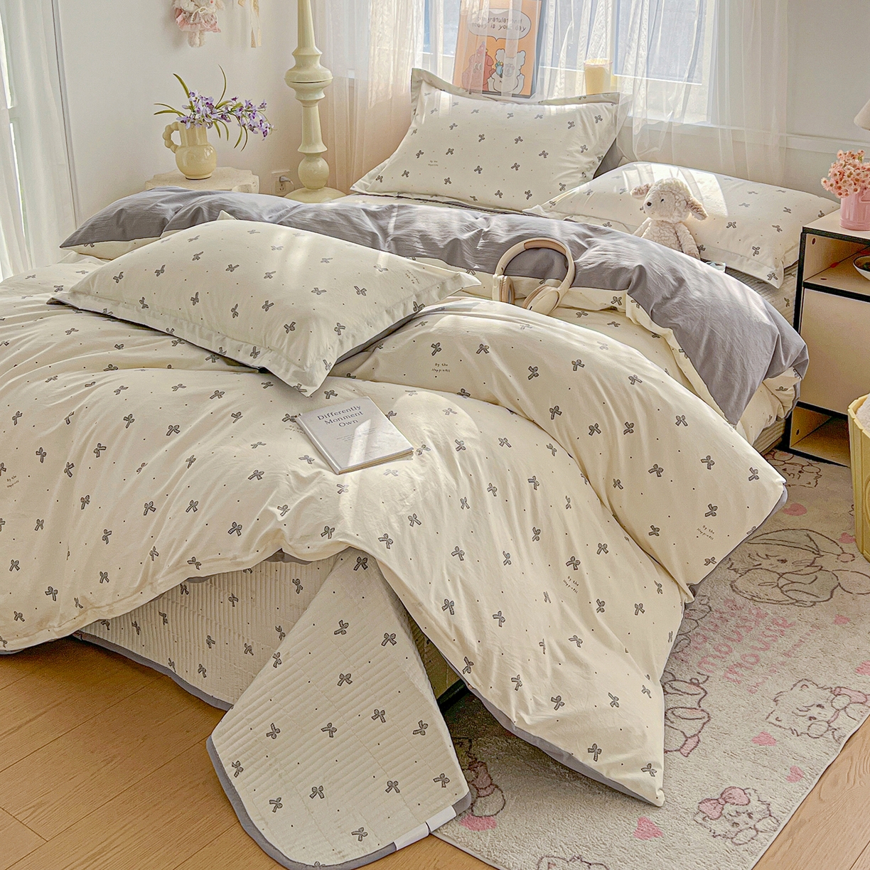 梦纤绒 2026新款亲肤舒适仿棉印花床盖四件套 梦幻灰