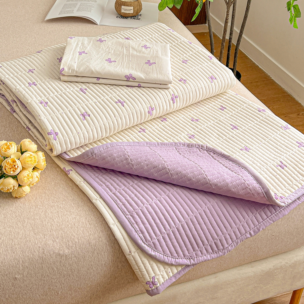 91家纺网 家纺一手货源 找家纺 梦纤绒 2026新款亲肤舒适仿棉印花床盖四件套 梦幻紫