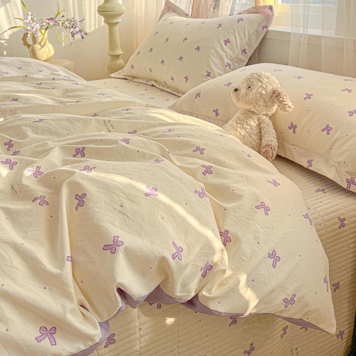 91家纺网 家纺一手货源 找家纺 梦纤绒 2026新款亲肤舒适仿棉印花床盖四件套 梦幻紫