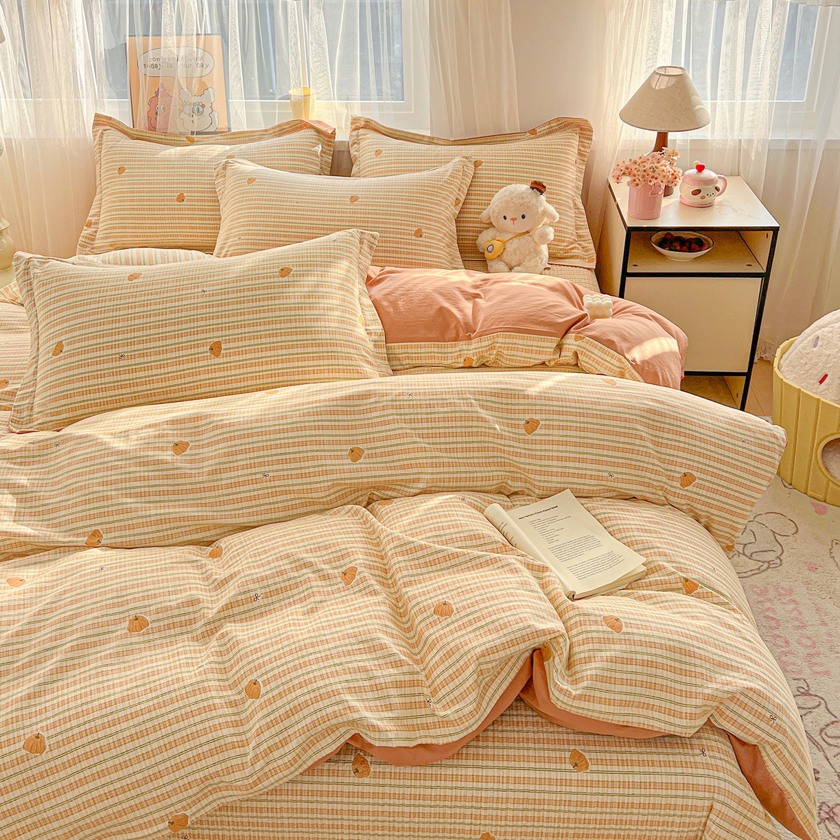 91家纺网 家纺一手货源 找家纺 梦纤绒 2026新款亲肤舒适仿棉印花床盖四件套 南瓜季