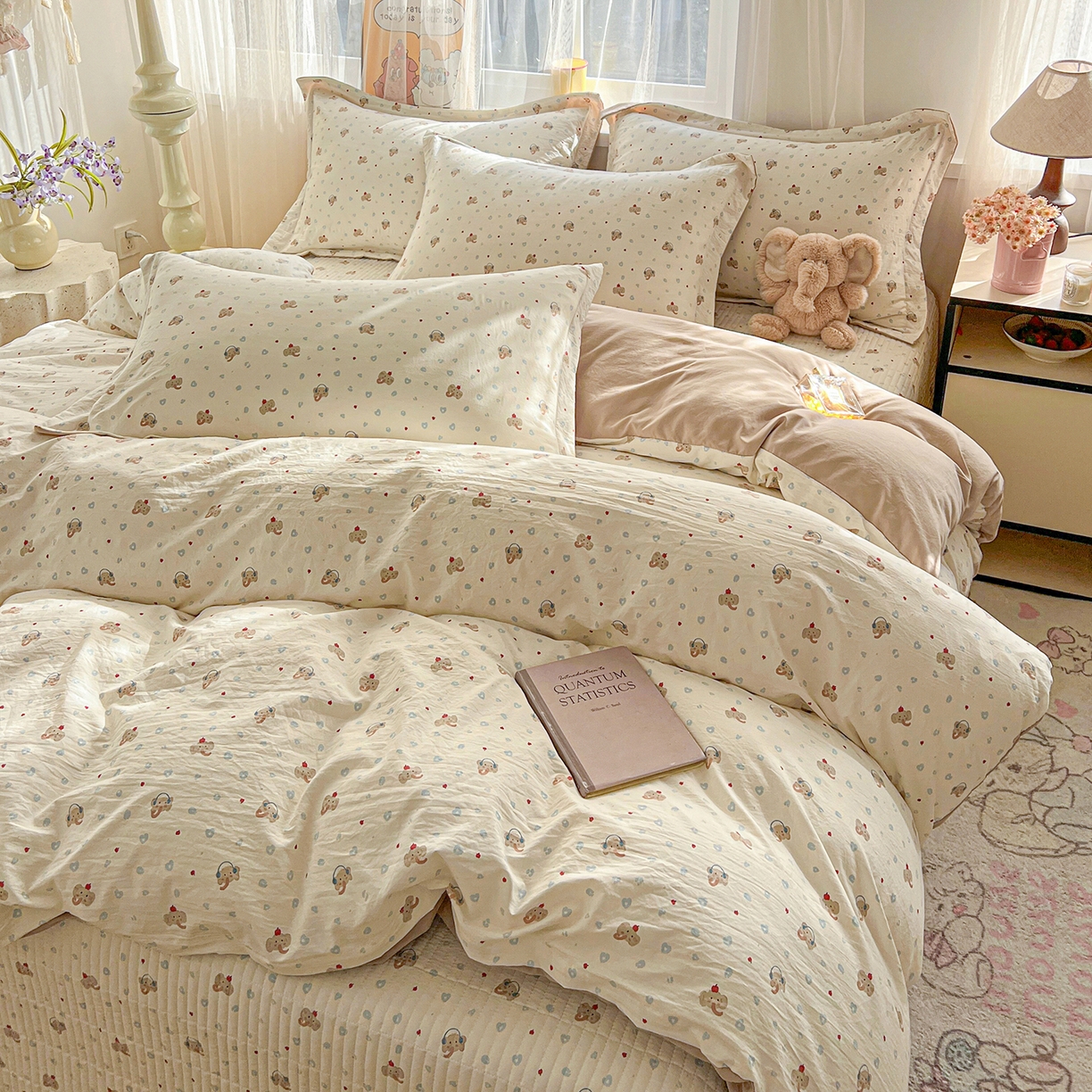 91家纺网 家纺一手货源 找家纺 梦纤绒 2026新款亲肤舒适仿棉印花床盖四件套 泡芙小象