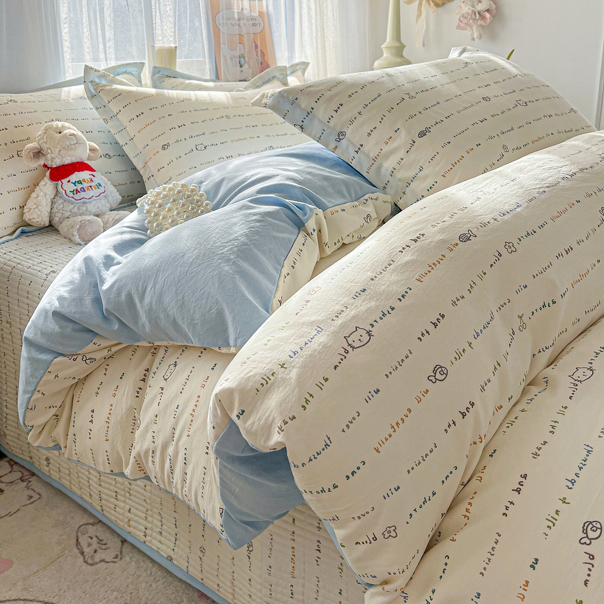 91家纺网 家纺一手货源 找家纺 梦纤绒 2026新款亲肤舒适仿棉印花床盖四件套 甜心喵