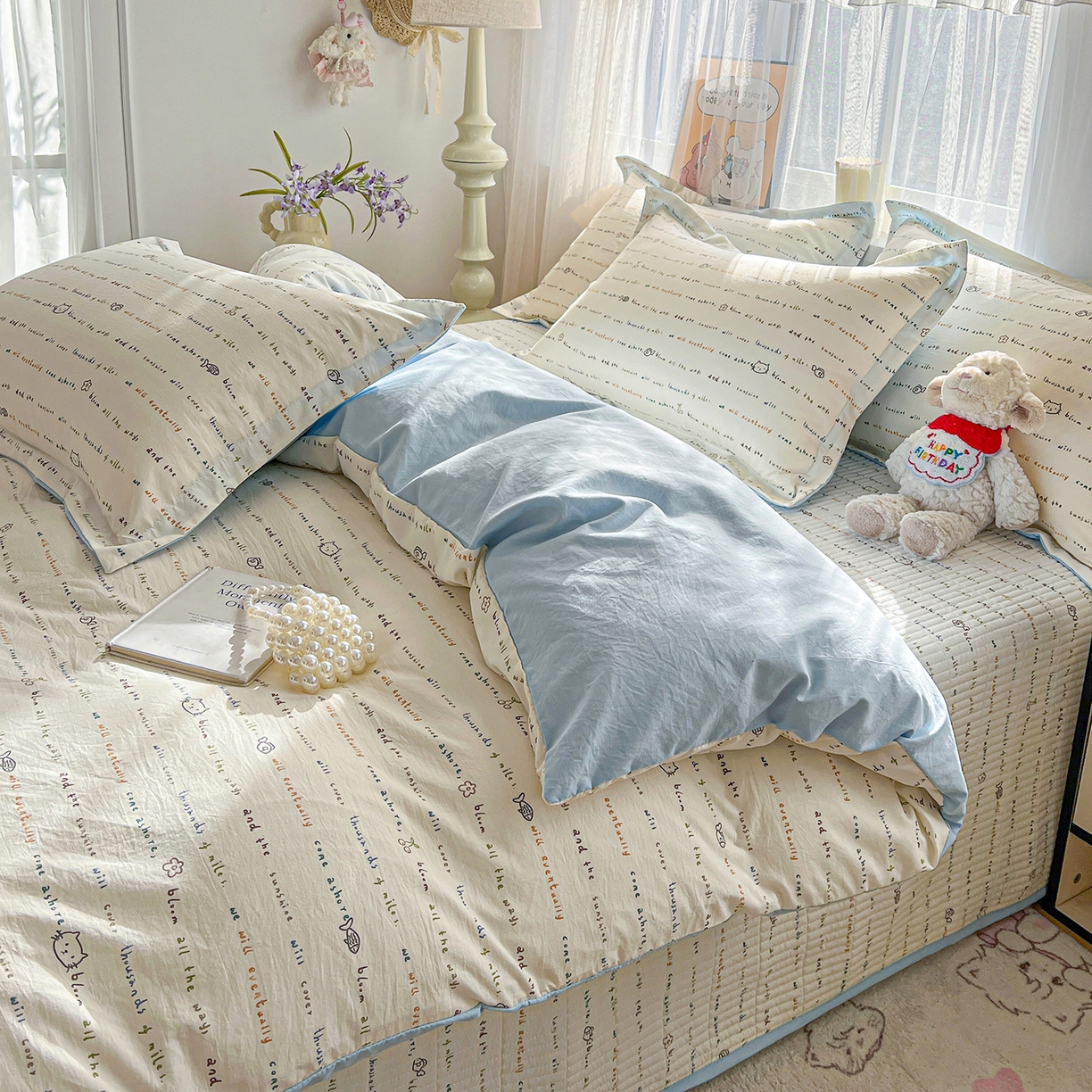 91家纺网 家纺一手货源 找家纺 梦纤绒 2026新款亲肤舒适仿棉印花床盖四件套 甜心喵