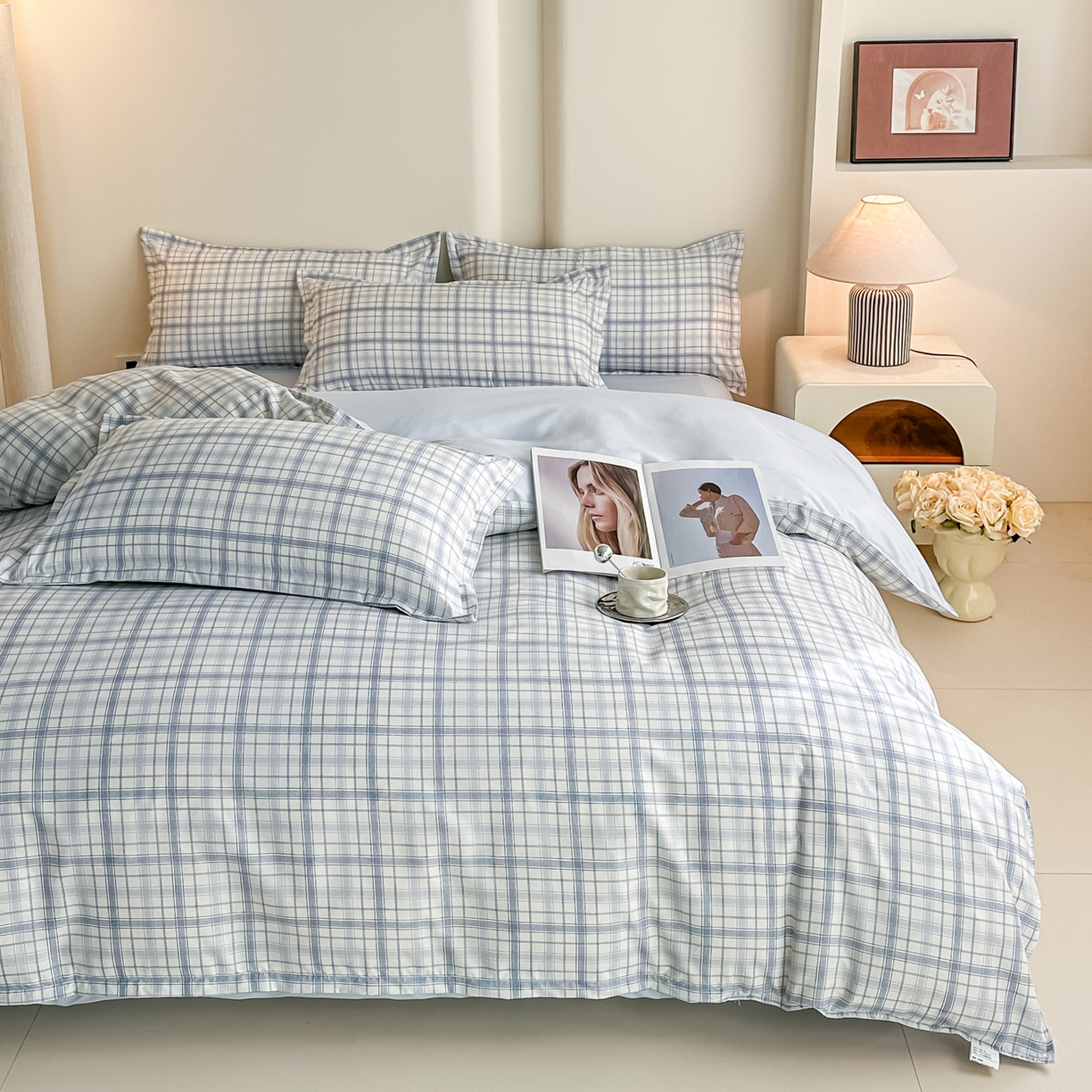 91家纺网 家纺一手货源 找家纺 楠沐家纺 2026新款无印风单被套芦荟棉学生印花被套 晴空蓝格