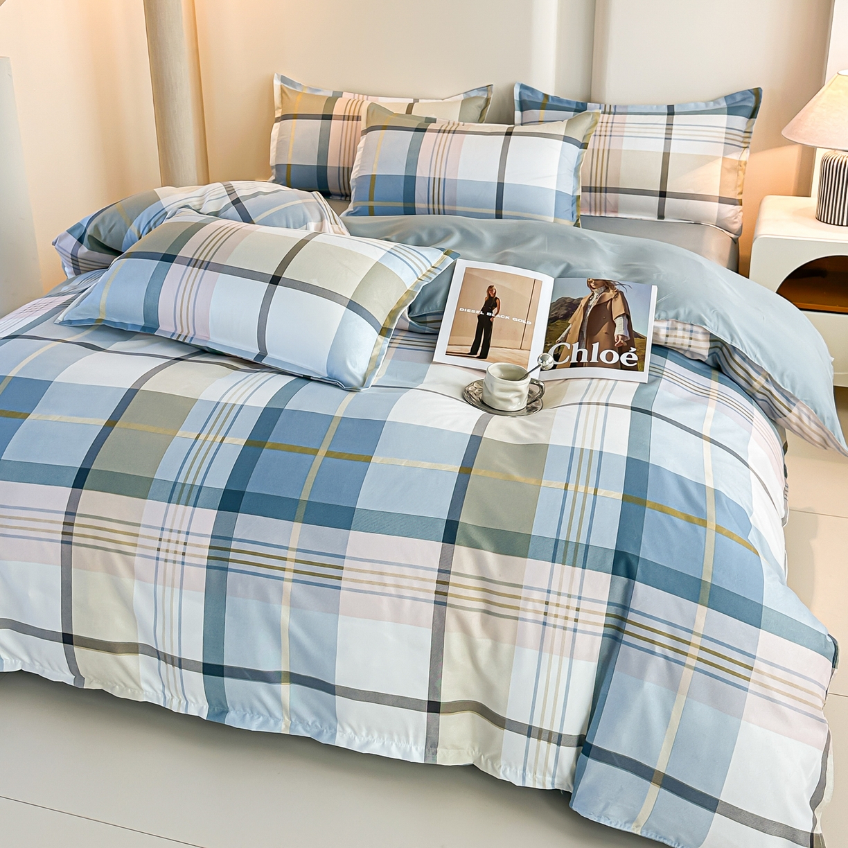 91家纺网 家纺一手货源 找家纺 楠沐家纺 2026新款无印风单被套芦荟棉学生印花被套 英伦蓝格