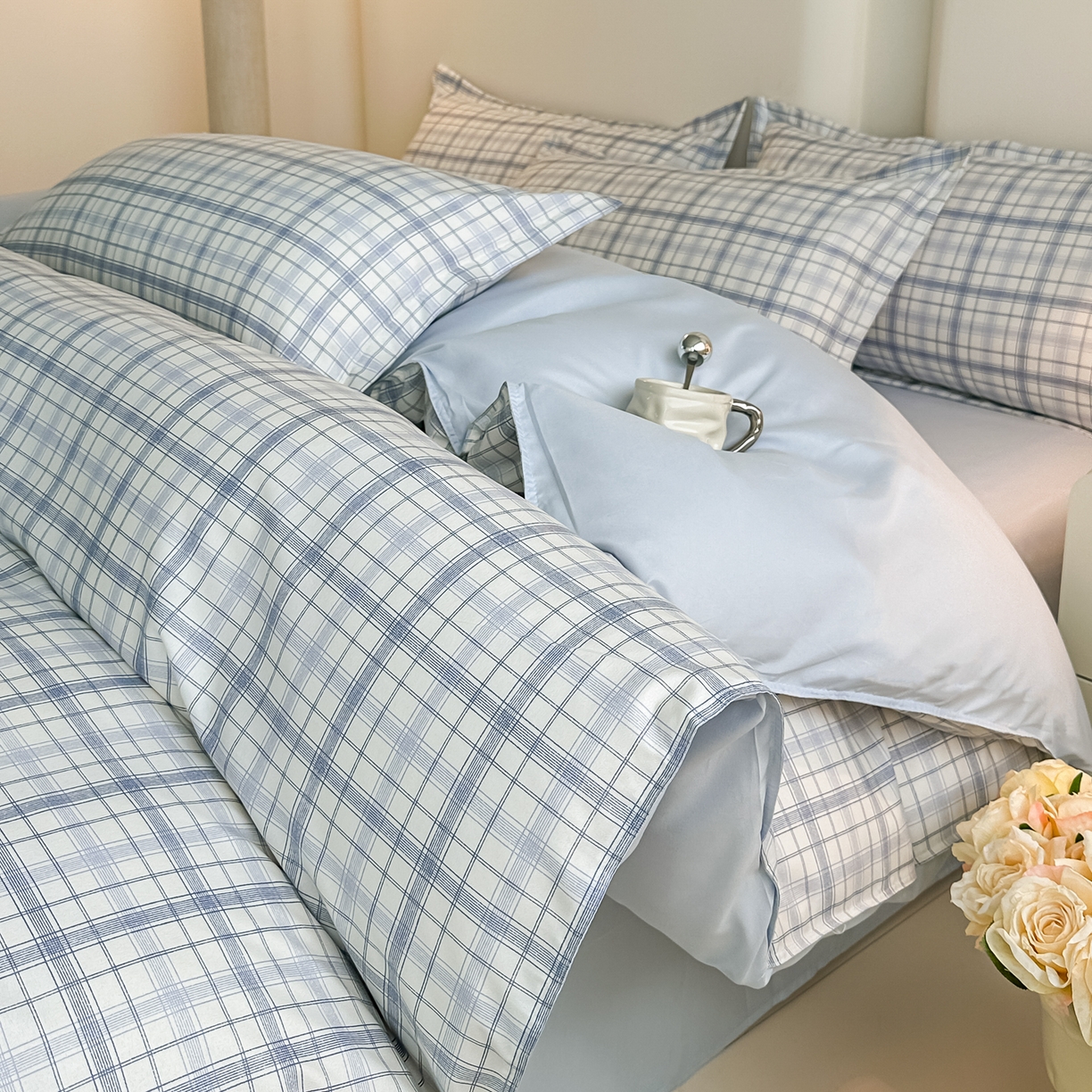 91家纺网 家纺一手货源 找家纺 楠沐家纺 2026新款无印风单被套芦荟棉学生印花被套 晴空蓝格