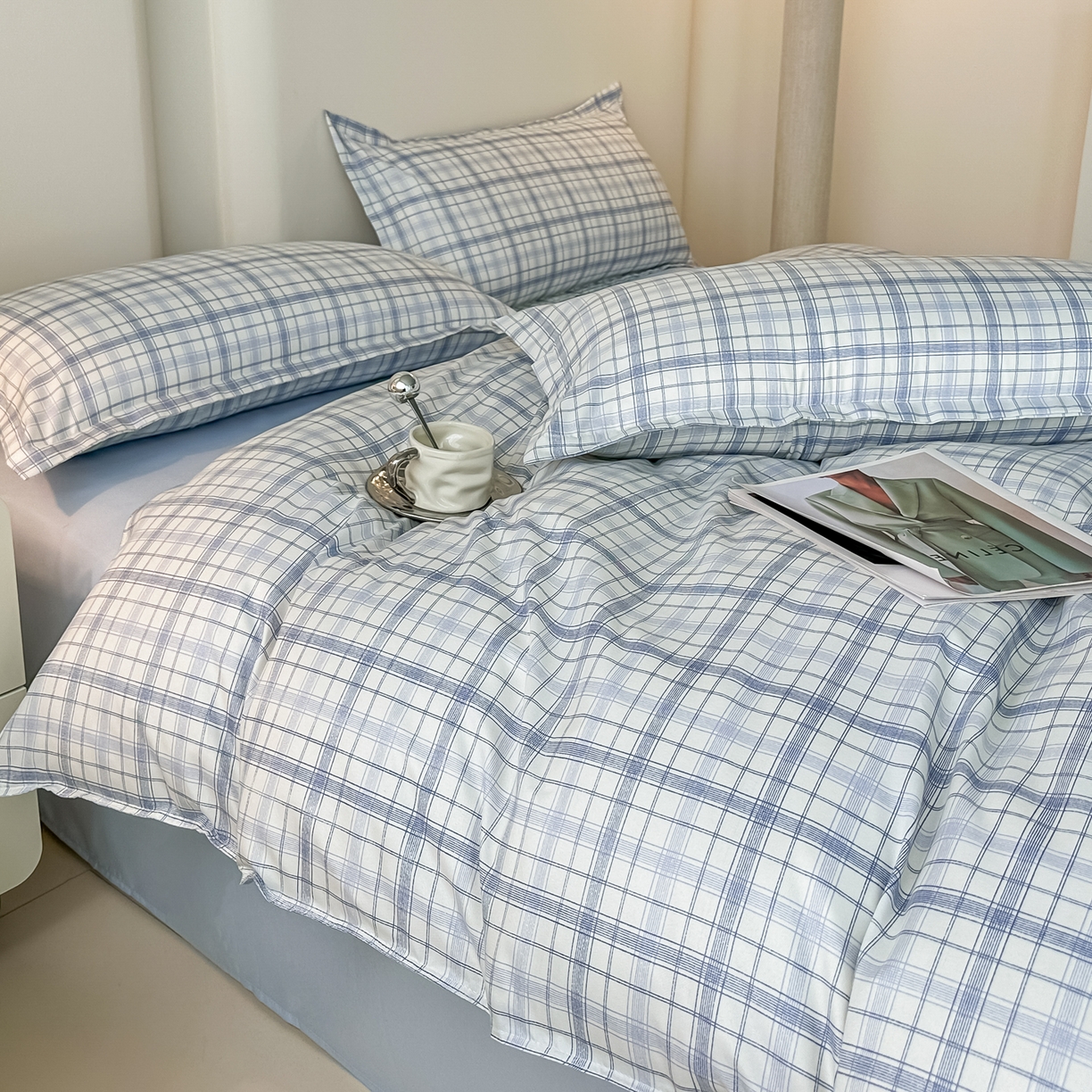 91家纺网 家纺一手货源 找家纺 楠沐家纺 2026新款无印风单被套芦荟棉学生印花被套 晴空蓝格