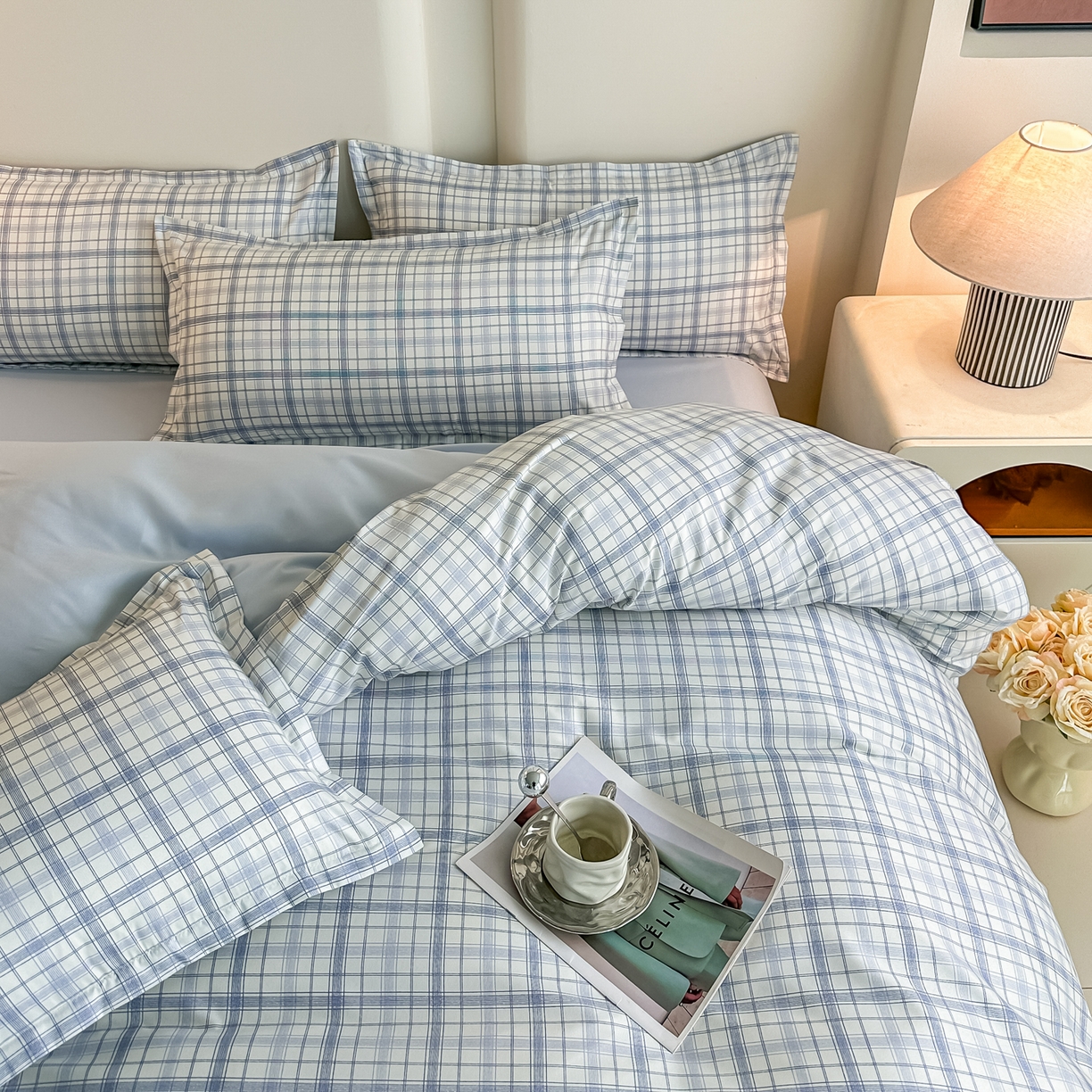 91家纺网 家纺一手货源 找家纺 楠沐家纺 2026新款无印风单被套芦荟棉学生印花被套 晴空蓝格