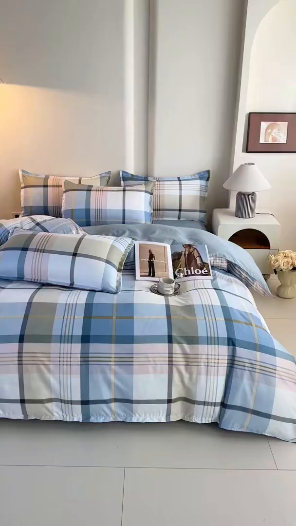 91家纺网 家纺一手货源 找家纺 楠沐家纺 2026新款无印风单被套芦荟棉学生印花被套 英伦蓝格