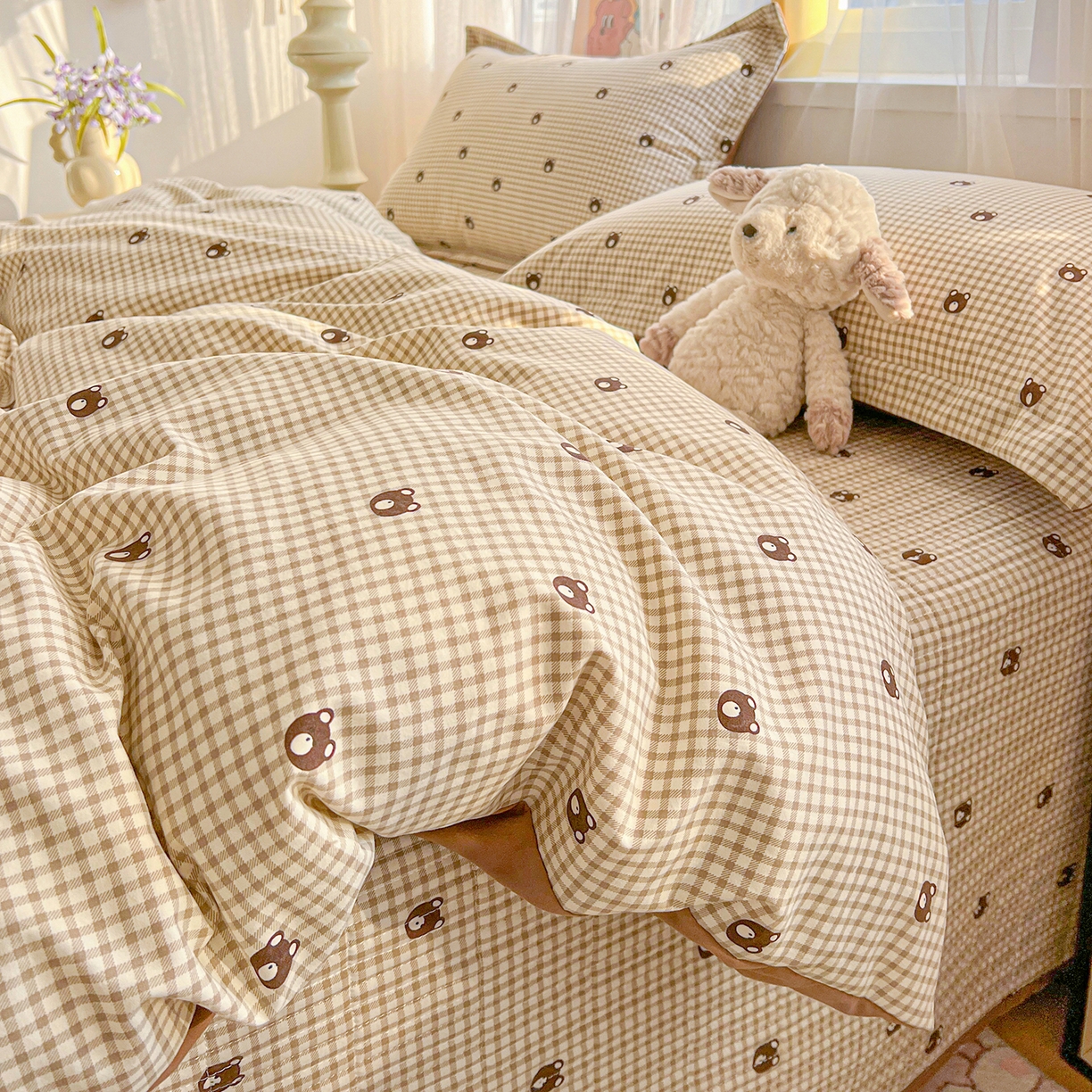 91家纺网 家纺一手货源 找家纺 梦纤绒 2026新款亲肤舒适仿棉印花床盖四件套 小熊头