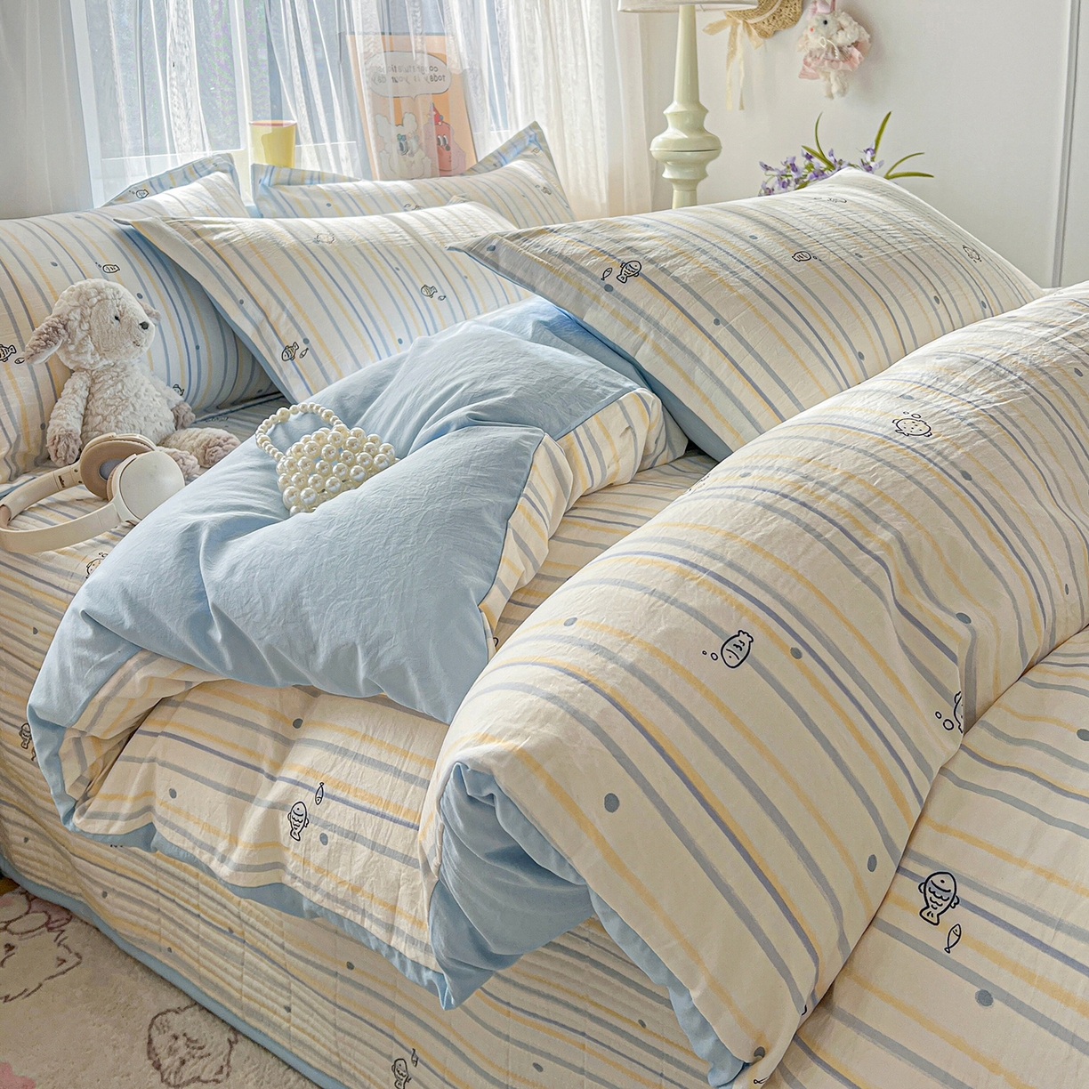 91家纺网 家纺一手货源 找家纺 梦纤绒 2026新款亲肤舒适仿棉印花床盖四件套 鱼多多