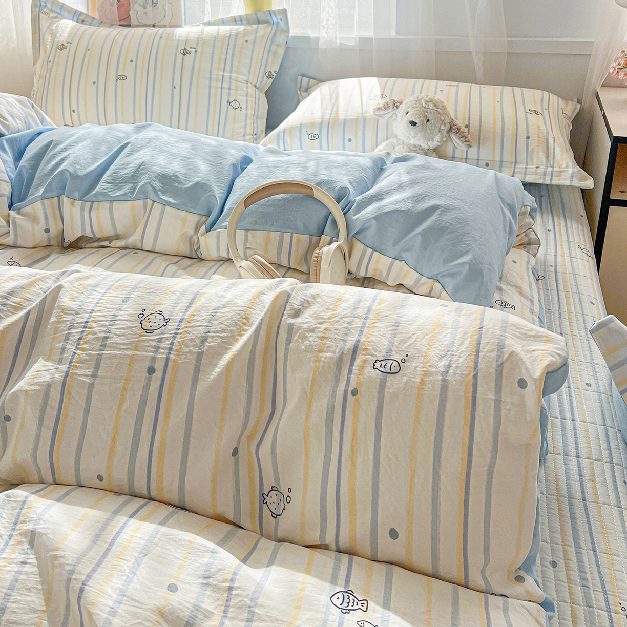 91家纺网 家纺一手货源 找家纺 梦纤绒 2026新款亲肤舒适仿棉印花床盖四件套 鱼多多