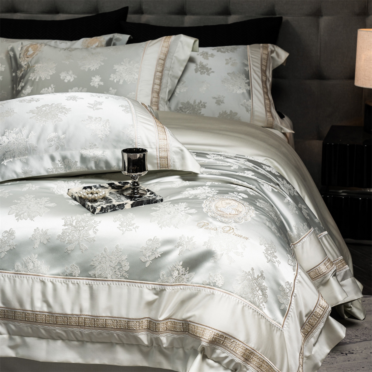 91家纺网 家纺一手货源 找家纺 鼎飞家纺 2026新款3D立体浮雕高精密长绒棉四件套--索菲尔系列 索菲尔-芙绿