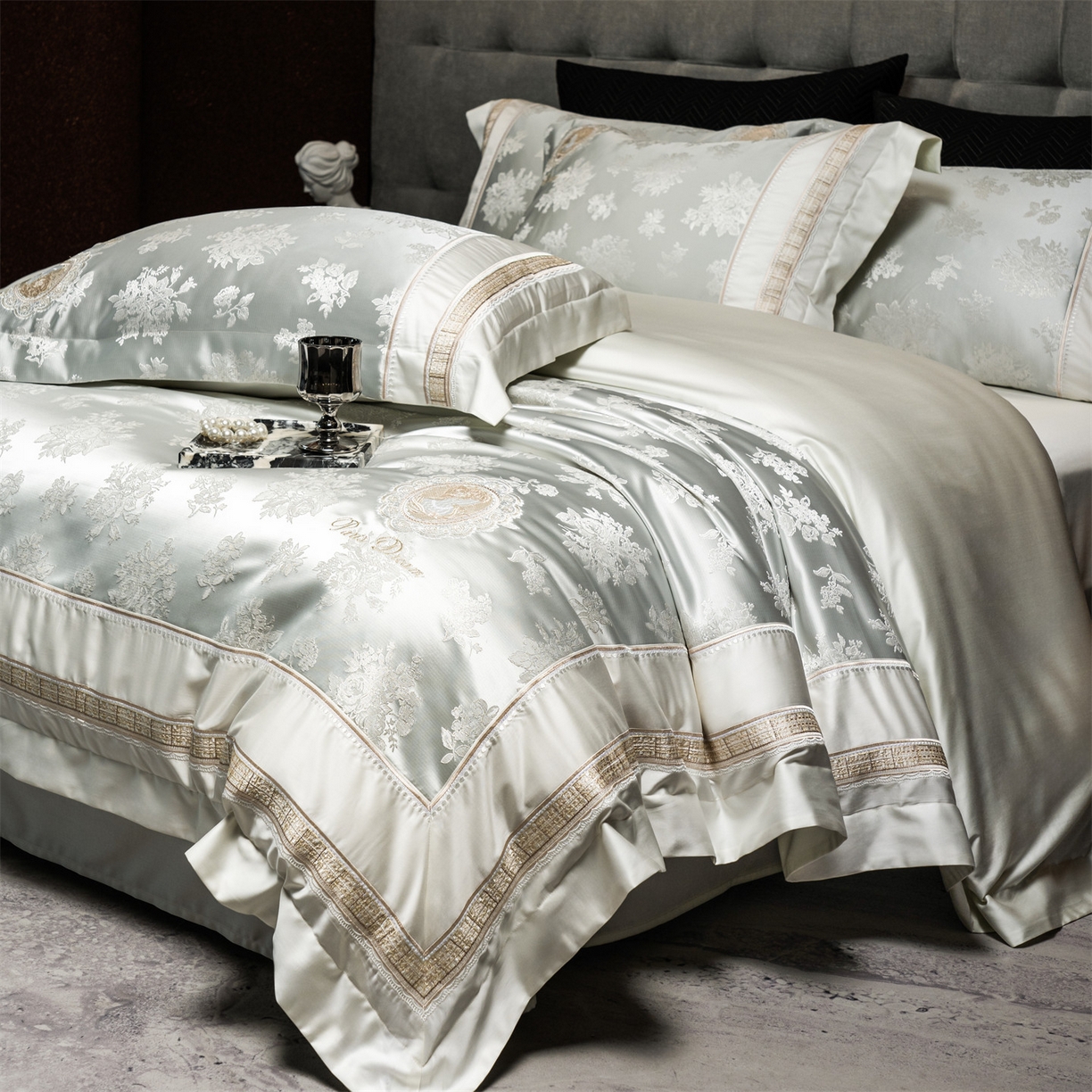 91家纺网 家纺一手货源 找家纺 鼎飞家纺 2026新款3D立体浮雕高精密长绒棉四件套--索菲尔系列 索菲尔-芙绿