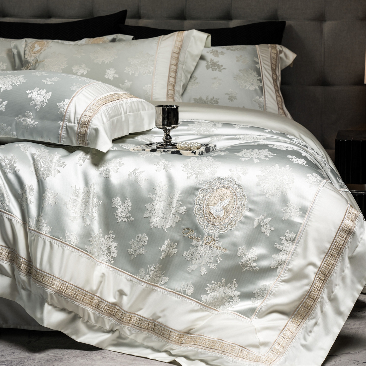 91家纺网 家纺一手货源 找家纺 鼎飞家纺 2026新款3D立体浮雕高精密长绒棉四件套--索菲尔系列 索菲尔-芙绿