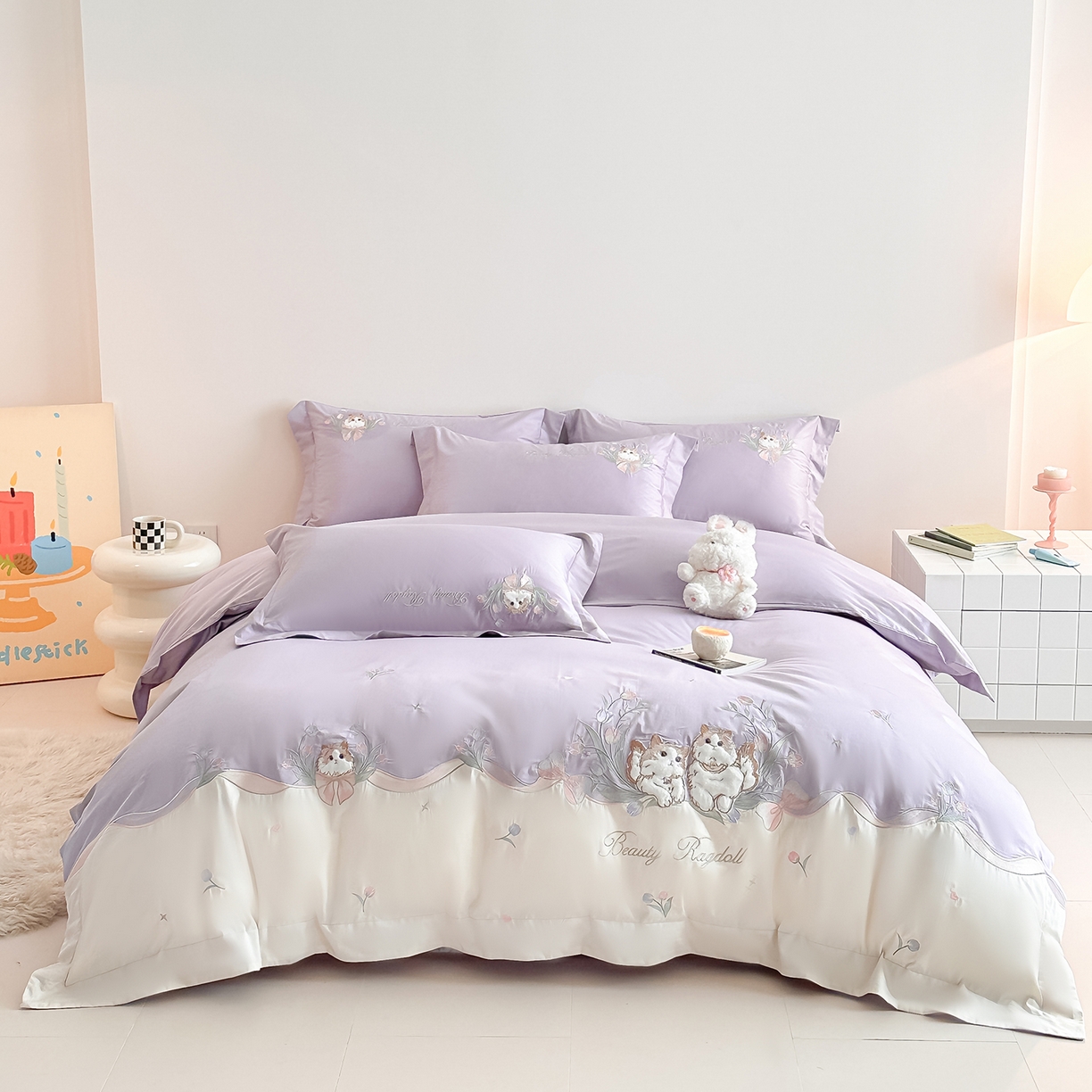 91家纺网 家纺一手货源 找家纺 （总）置顶家纺 2026新款全棉刺绣系列四件套-布偶猫