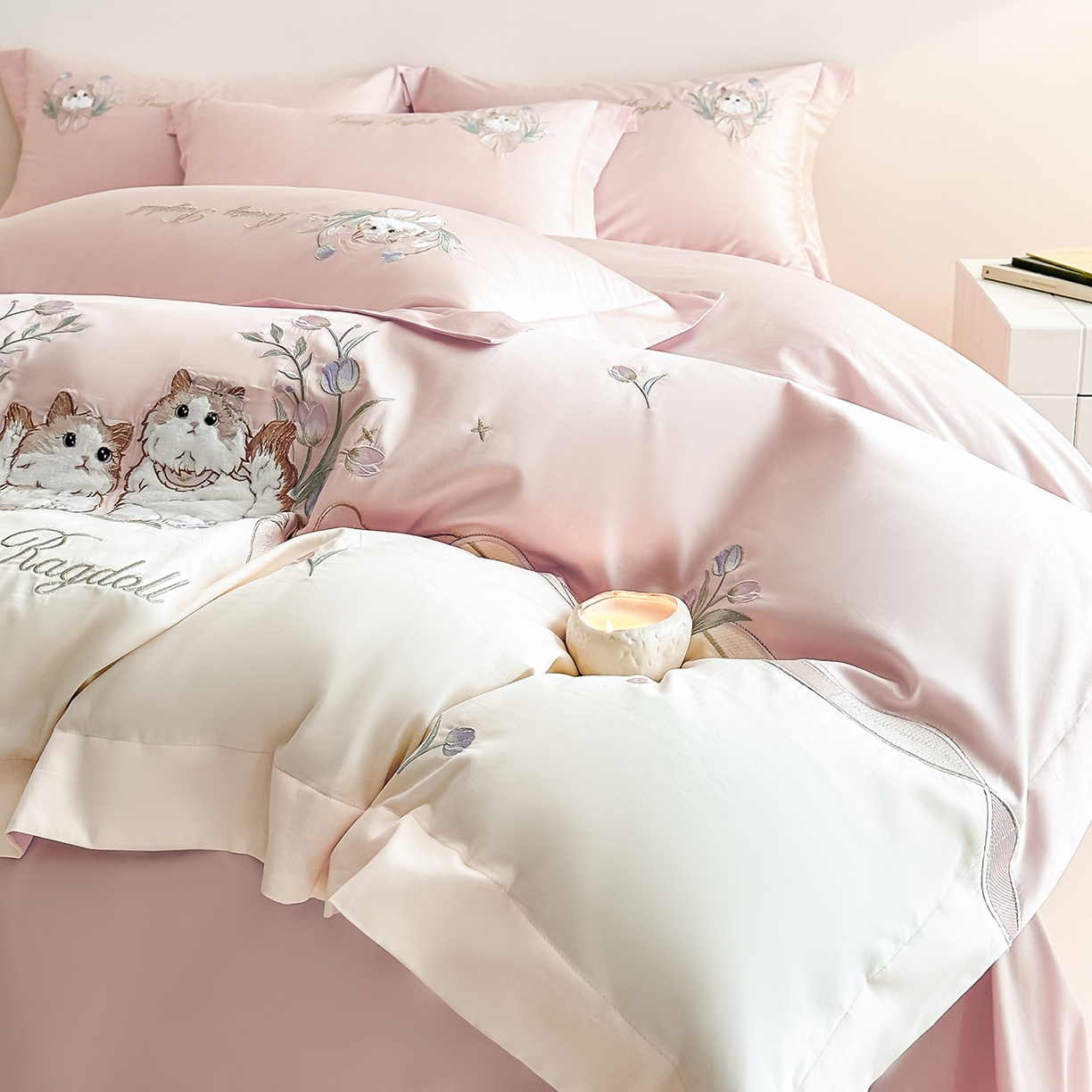 91家纺网 家纺一手货源 找家纺 （总）置顶家纺 2026新款全棉刺绣系列四件套-布偶猫