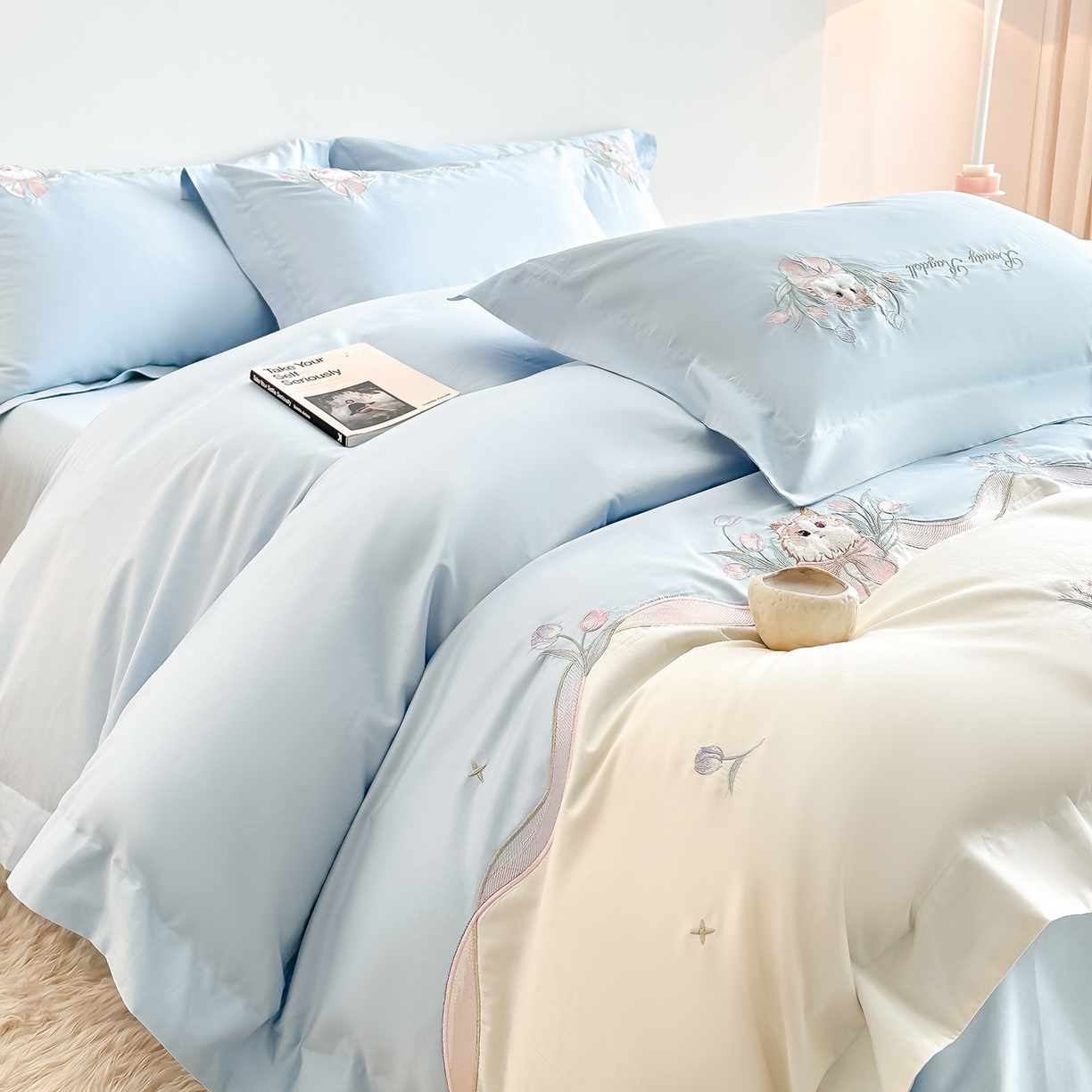 91家纺网 家纺一手货源 找家纺 置顶家纺 2026新款全棉刺绣系列四件套-布偶猫 布偶猫-浅蓝