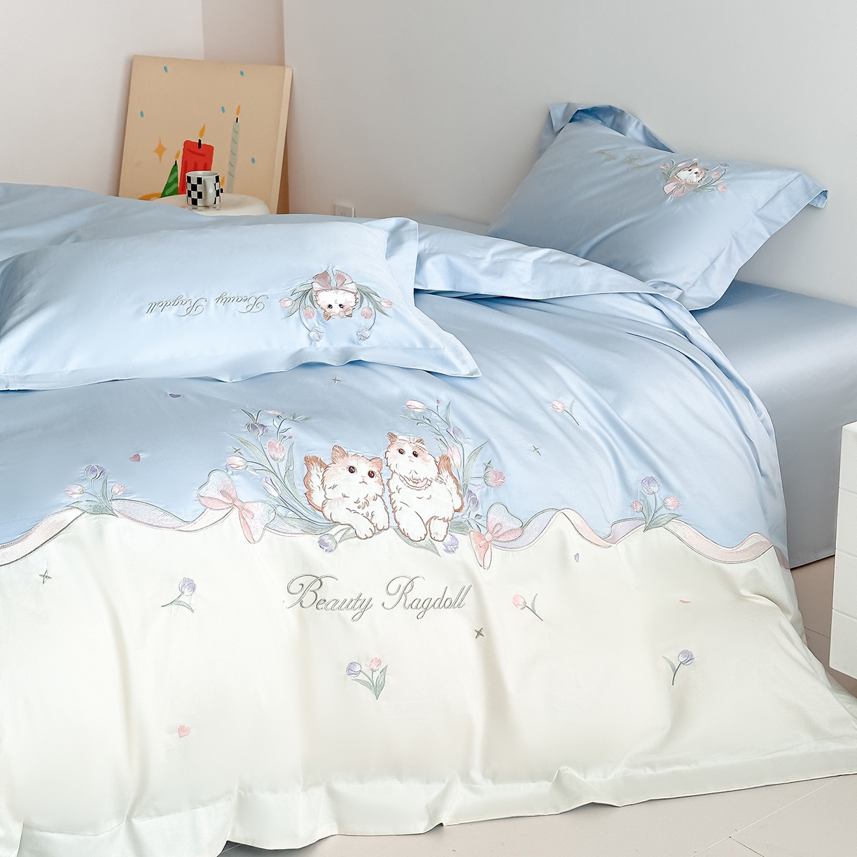 91家纺网 家纺一手货源 找家纺 置顶家纺 2026新款全棉刺绣系列四件套-布偶猫 布偶猫-浅蓝