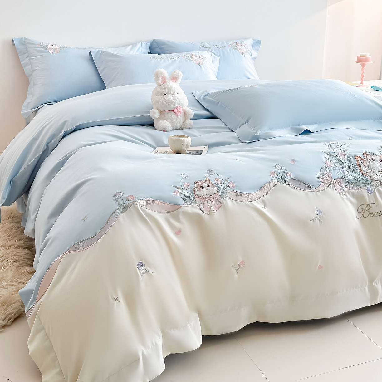 91家纺网 家纺一手货源 找家纺 置顶家纺 2026新款全棉刺绣系列四件套-布偶猫 布偶猫-浅蓝