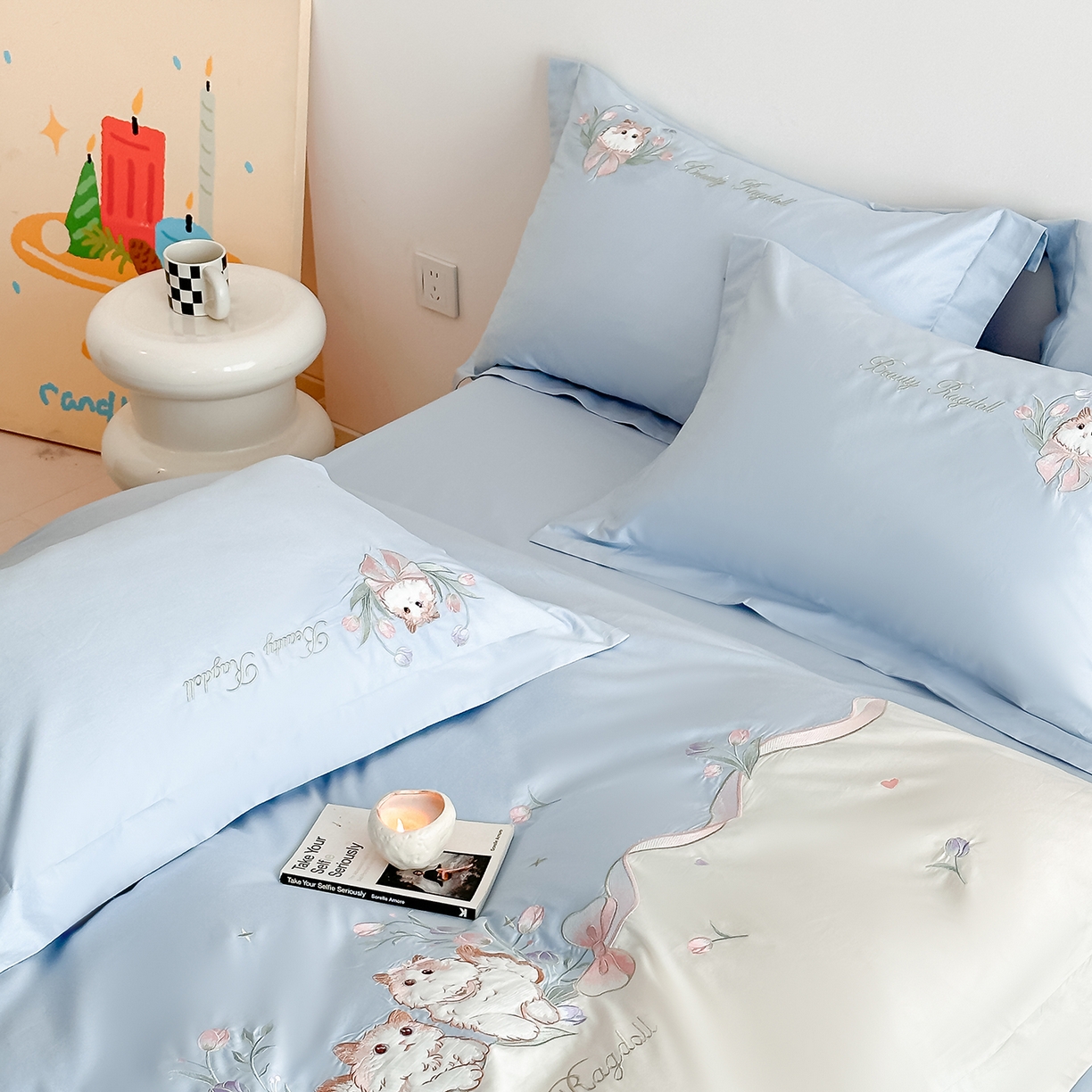 91家纺网 家纺一手货源 找家纺 置顶家纺 2026新款全棉刺绣系列四件套-布偶猫 布偶猫-浅蓝