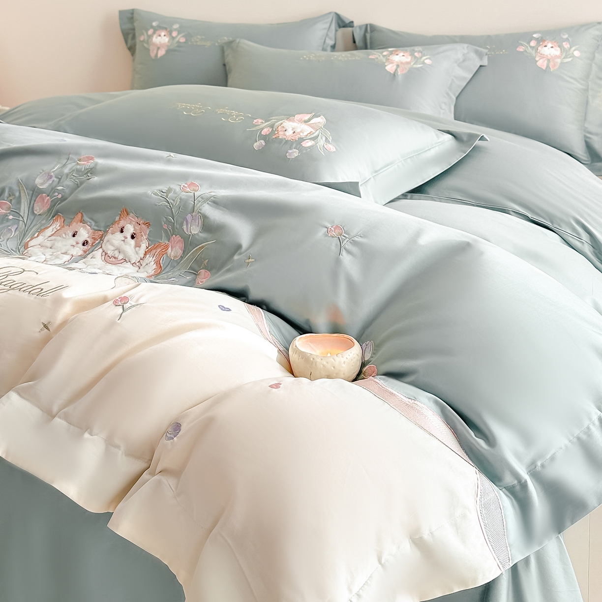 91家纺网 家纺一手货源 找家纺 置顶家纺 2026新款全棉刺绣系列四件套-布偶猫 布偶猫-繁星蓝