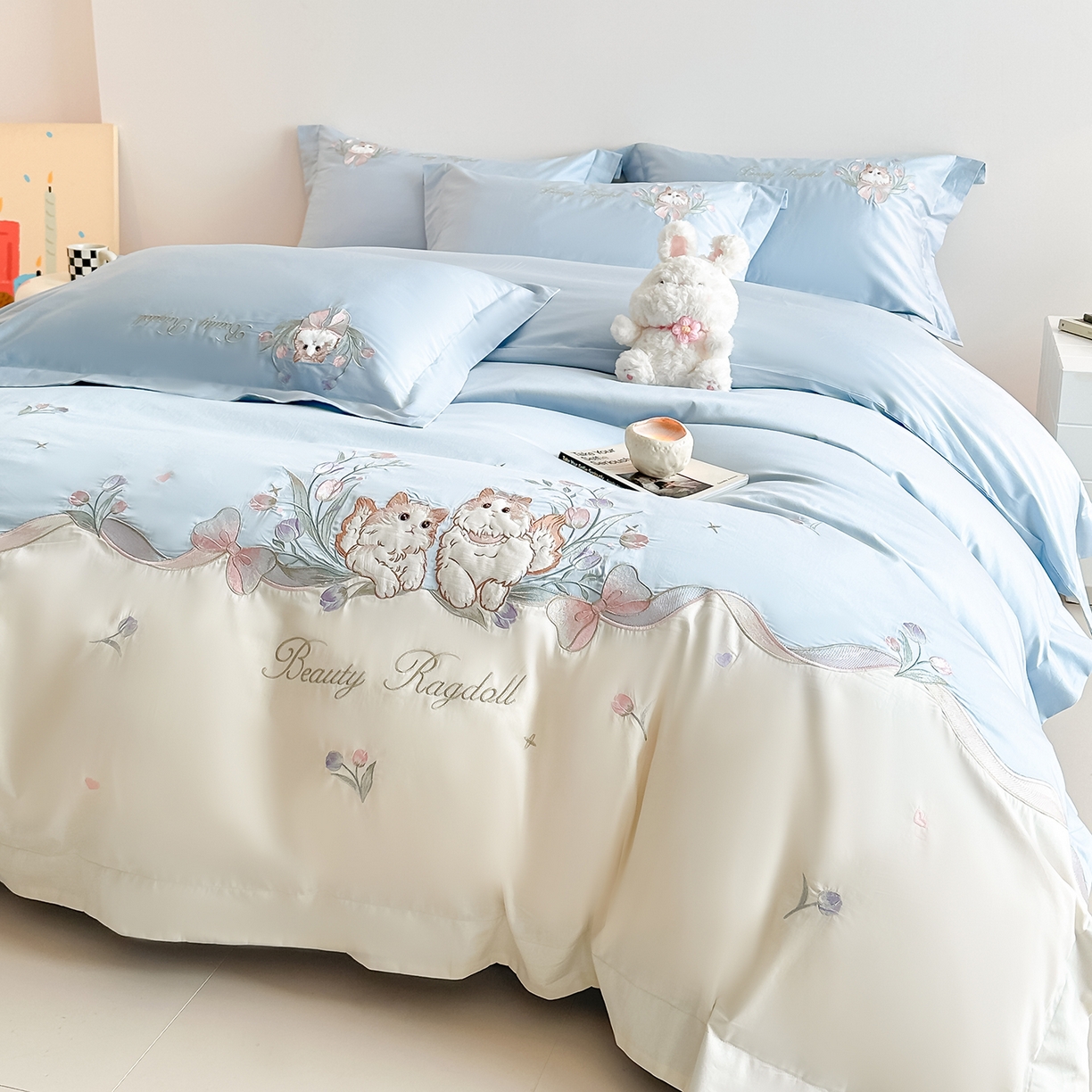 91家纺网 家纺一手货源 找家纺 置顶家纺 2026新款全棉刺绣系列四件套-布偶猫 布偶猫-浅蓝