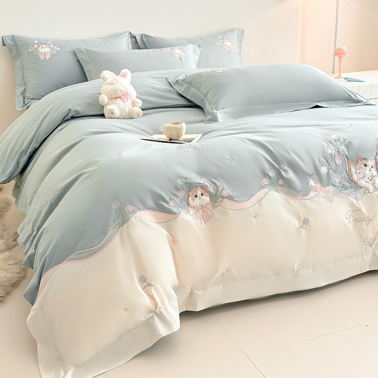 91家纺网 家纺一手货源 找家纺 置顶家纺 2026新款全棉刺绣系列四件套-布偶猫 布偶猫-繁星蓝