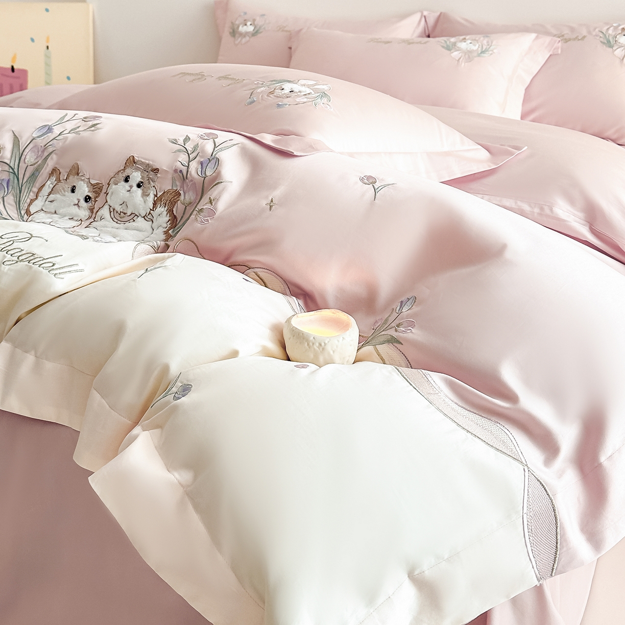 91家纺网 家纺一手货源 找家纺 置顶家纺 2026新款全棉刺绣系列四件套-布偶猫 布偶猫-粉色