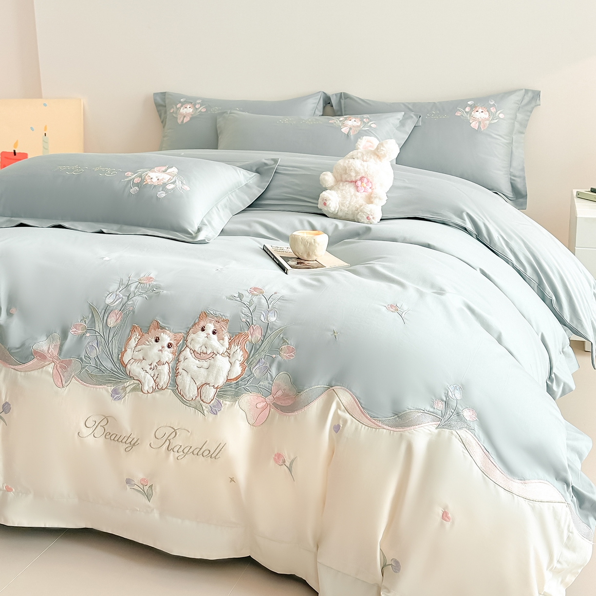 91家纺网 家纺一手货源 找家纺 置顶家纺 2026新款全棉刺绣系列四件套-布偶猫 布偶猫-繁星蓝