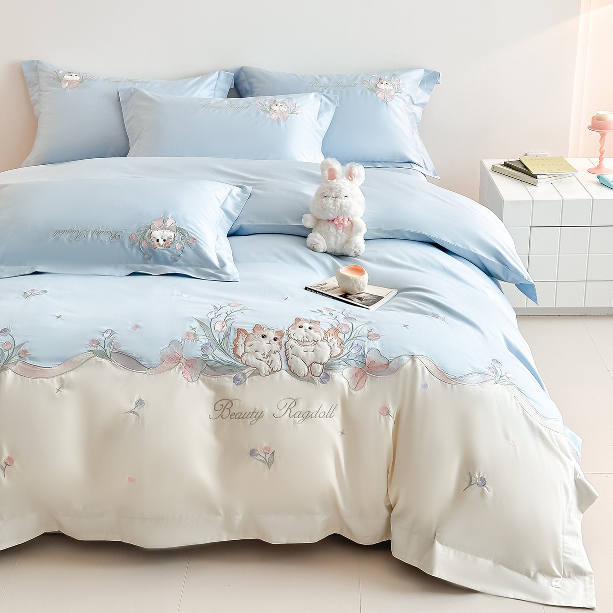 91家纺网 家纺一手货源 找家纺 置顶家纺 2026新款全棉刺绣系列四件套-布偶猫 布偶猫-浅蓝