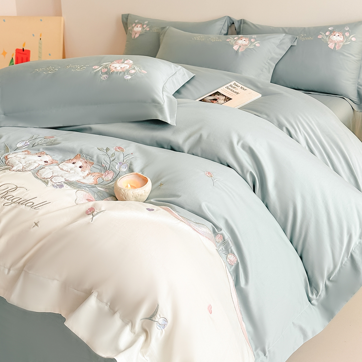 91家纺网 家纺一手货源 找家纺 置顶家纺 2026新款全棉刺绣系列四件套-布偶猫 布偶猫-繁星蓝