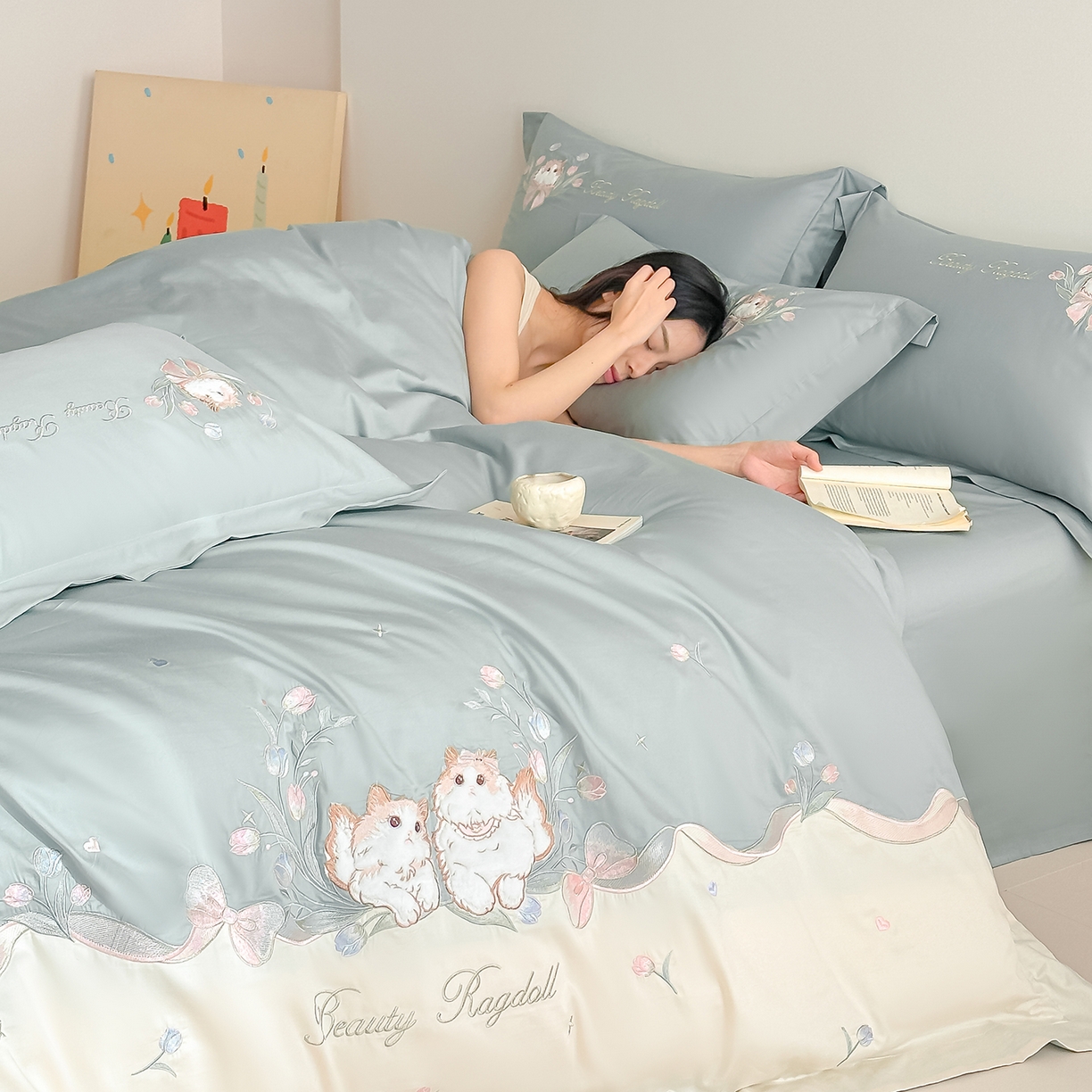 91家纺网 家纺一手货源 找家纺 置顶家纺 2026新款全棉刺绣系列四件套-布偶猫 布偶猫-繁星蓝