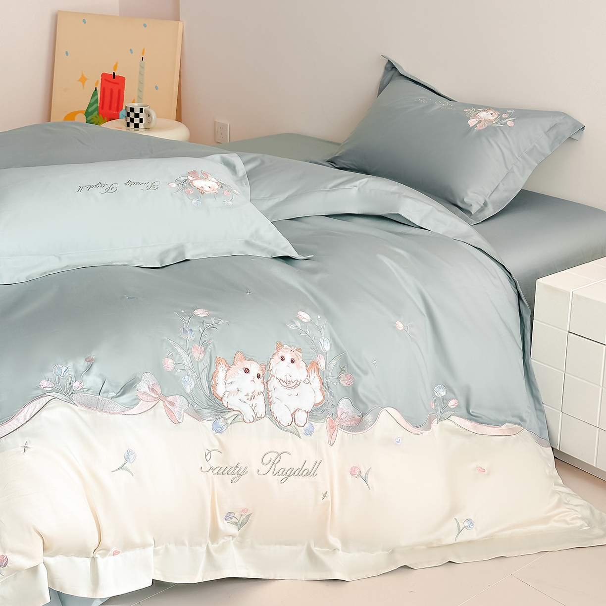 91家纺网 家纺一手货源 找家纺 置顶家纺 2026新款全棉刺绣系列四件套-布偶猫 布偶猫-繁星蓝