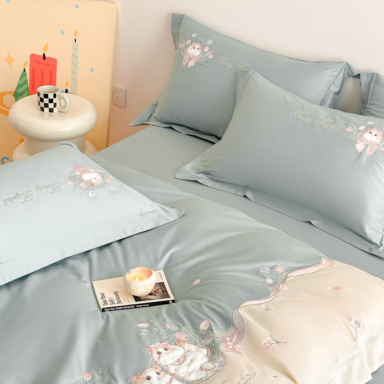 91家纺网 家纺一手货源 找家纺 置顶家纺 2026新款全棉刺绣系列四件套-布偶猫 布偶猫-繁星蓝