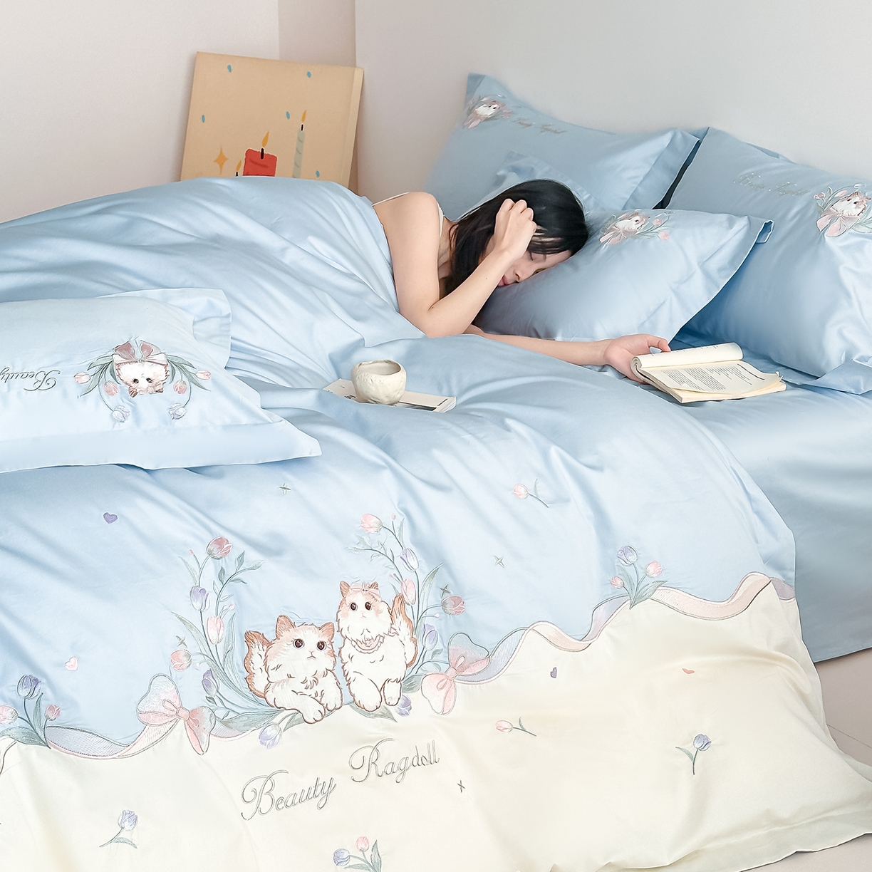 91家纺网 家纺一手货源 找家纺 置顶家纺 2026新款全棉刺绣系列四件套-布偶猫 布偶猫-浅蓝