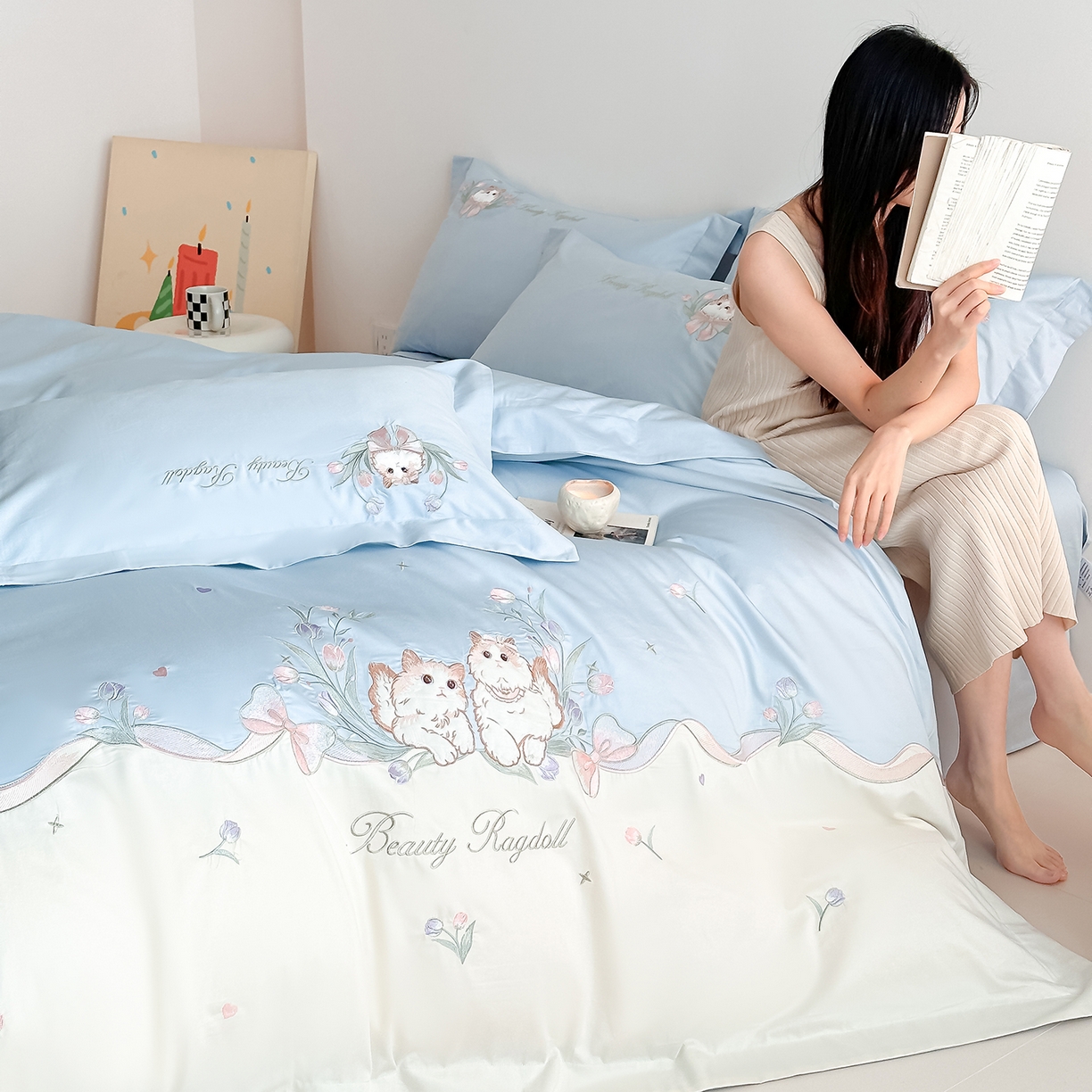 91家纺网 家纺一手货源 找家纺 置顶家纺 2026新款全棉刺绣系列四件套-布偶猫 布偶猫-浅蓝