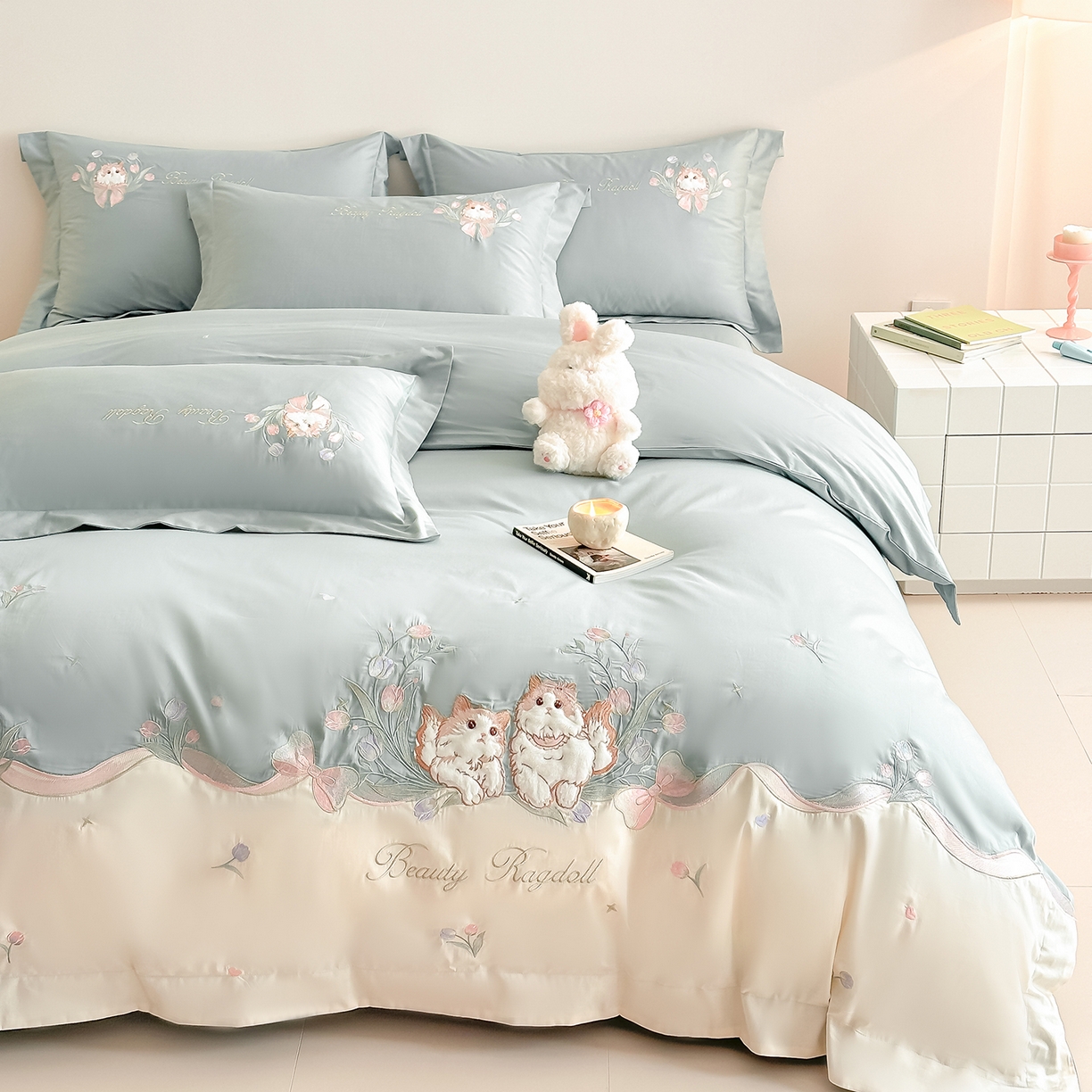 91家纺网 家纺一手货源 找家纺 置顶家纺 2026新款全棉刺绣系列四件套-布偶猫 布偶猫-繁星蓝