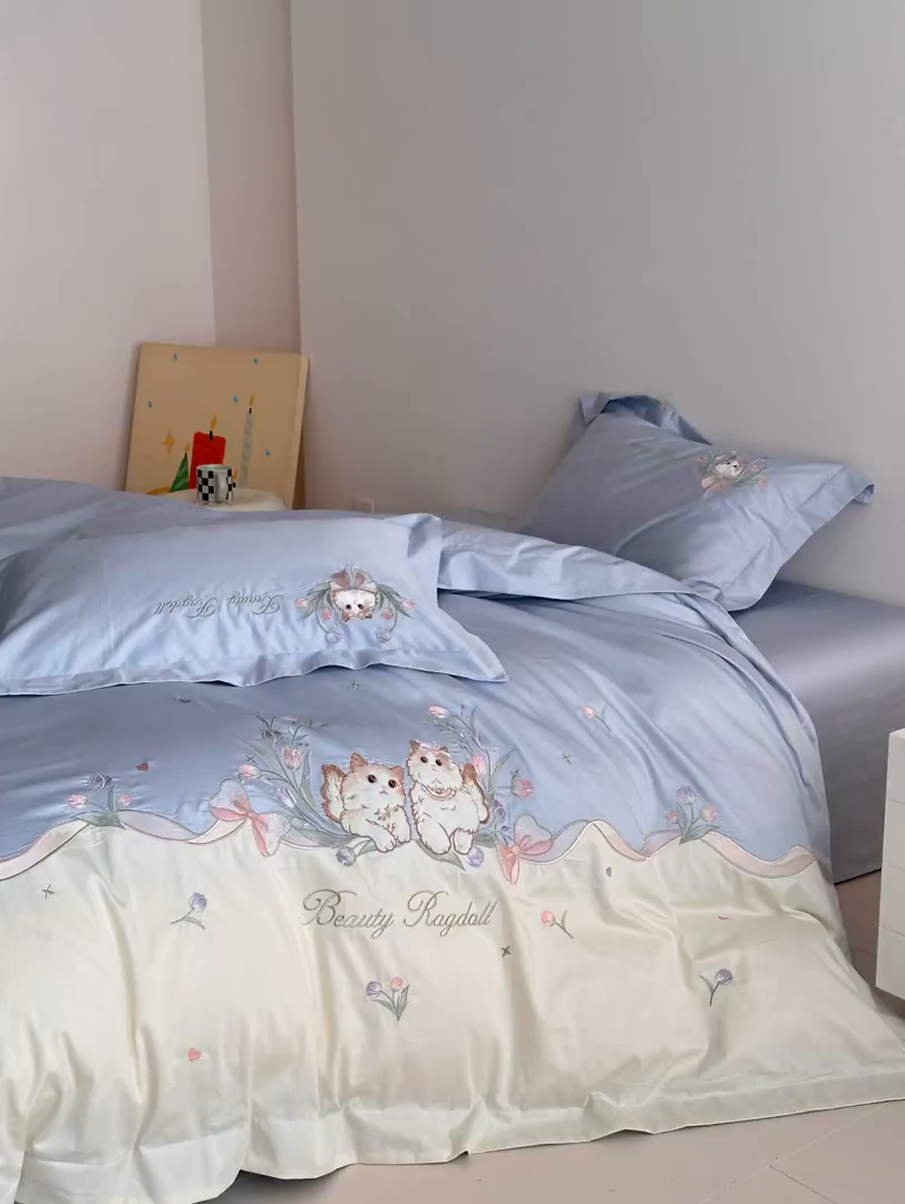 91家纺网 家纺一手货源 找家纺 置顶家纺 2026新款全棉刺绣系列四件套-布偶猫 布偶猫-浅蓝