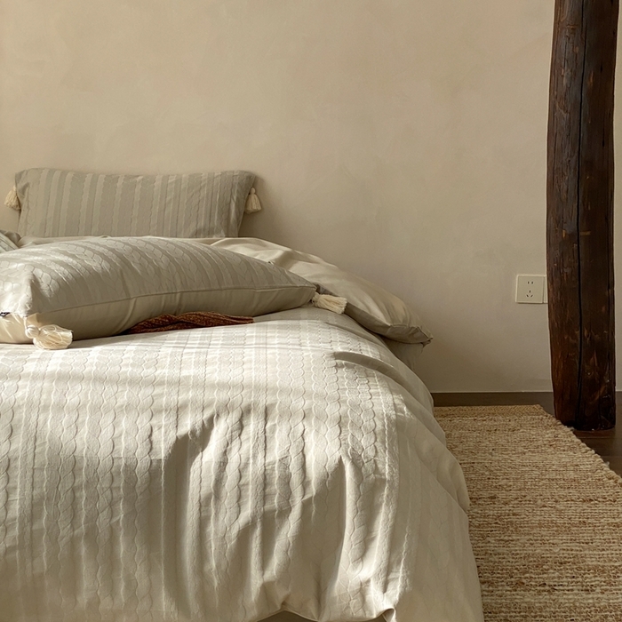 91家纺网 家纺一手货源 找家纺 （总）玉宇阁家居 2025新款色织空气全棉纯棉大提花磨毛四件套(流苏款)