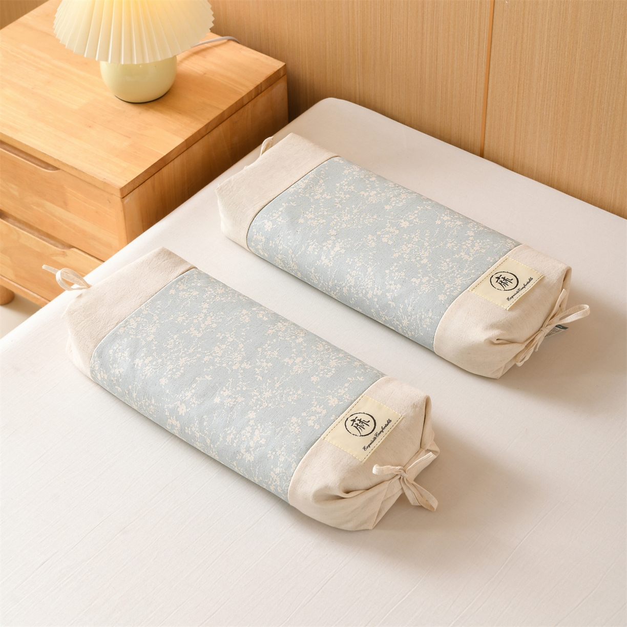 91家纺网 家纺一手货源 找家纺 仁宇枕业 2026新款棉麻古朴两用绑带款系列荞麦枕枕头枕芯 棉麻款两用绑带系列荞麦枕-春意蓝色