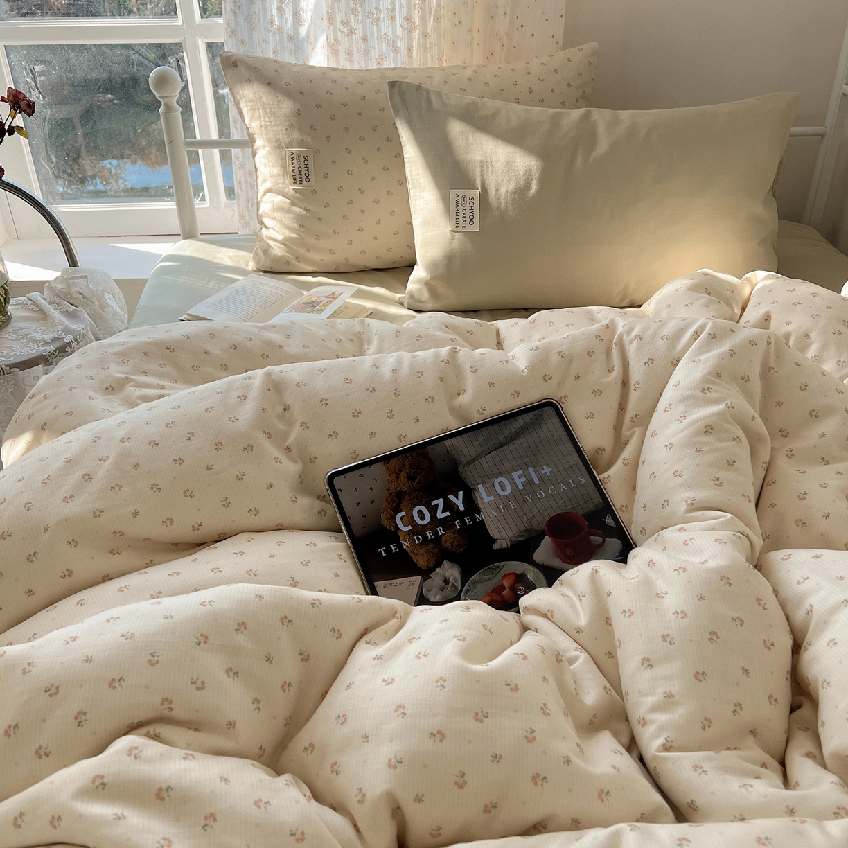 91家纺网 家纺一手货源 找家纺 六巷胡同 2026新款INS博主风混搭小碎花A类全棉双层纱四件套 双层纱-落日春颂