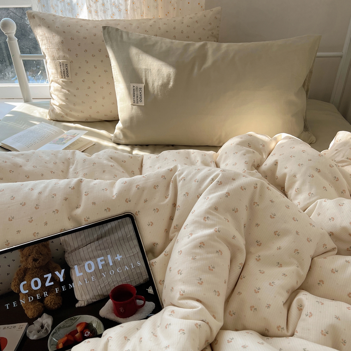 91家纺网 家纺一手货源 找家纺 六巷胡同 2026新款INS博主风混搭小碎花A类全棉双层纱四件套 双层纱-落日春颂